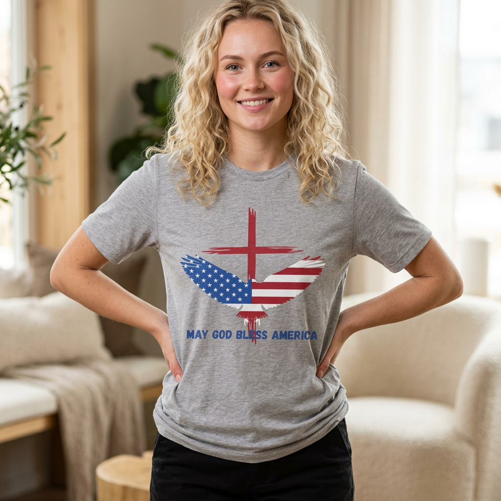 Patriotic Eagle T-Shirt — "May God Bless America" Flag Cross Graphic