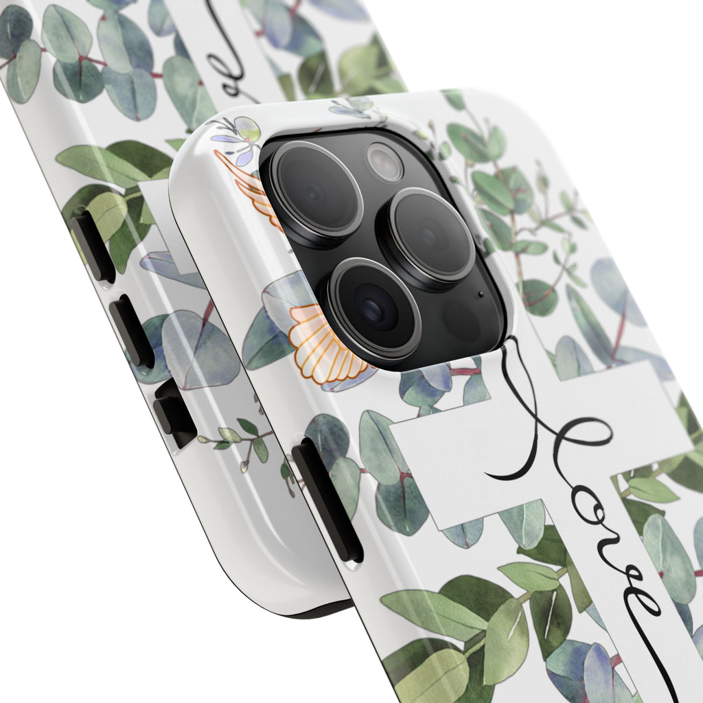 Religious Cross Tough Phone Case — Eucalyptus Floral "Love" Design