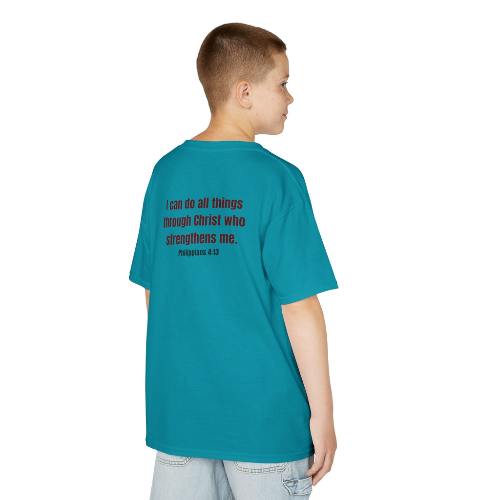 Kids Tee — "Strong" Muscle Graphic with Philippians 4:13 Back (Christian Inspirational)
