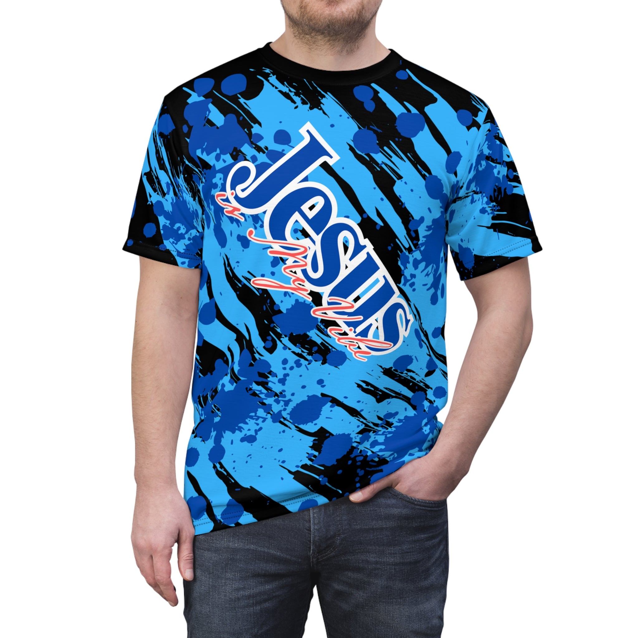 Jesus is My Vibe Splash Graphic Tee — Blue All-Over Print Christian Shirt