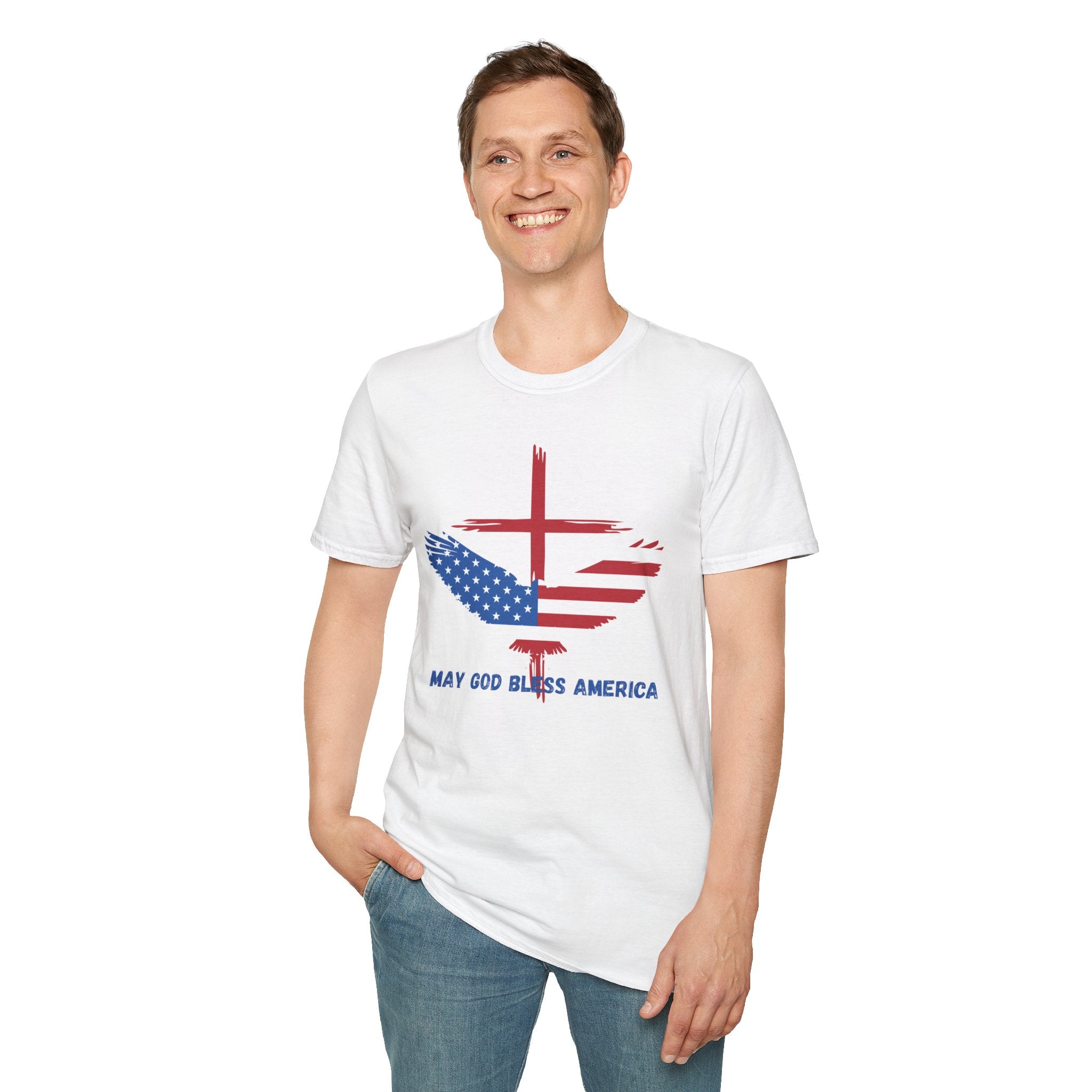 Patriotic Eagle T-Shirt — "May God Bless America" Flag Cross Graphic