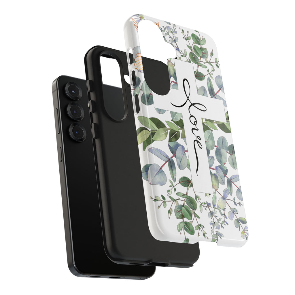 Religious Cross Tough Phone Case — Eucalyptus Floral "Love" Design