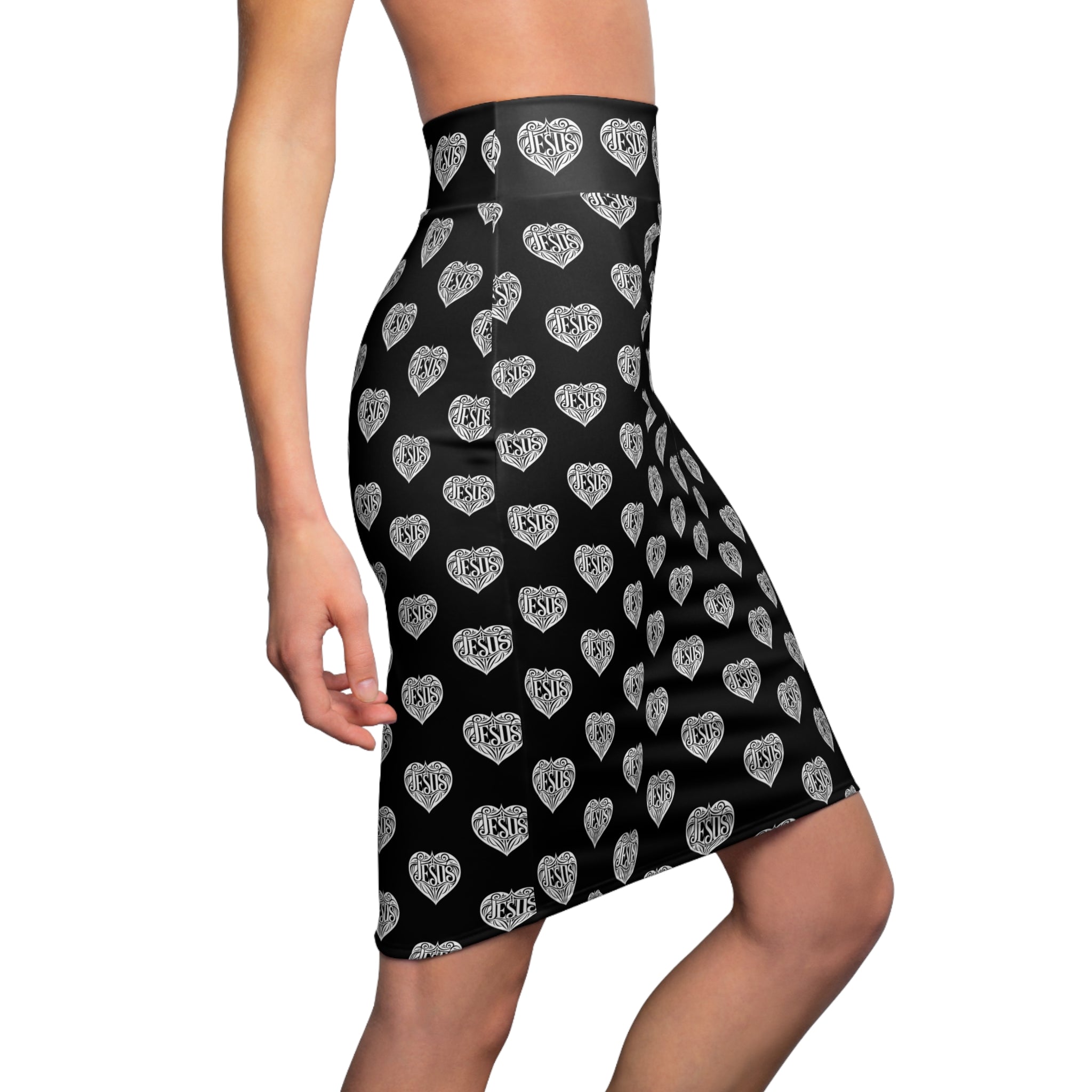 Jesus Heart Pattern Pencil Skirt — Black & White Jesus Heart Print