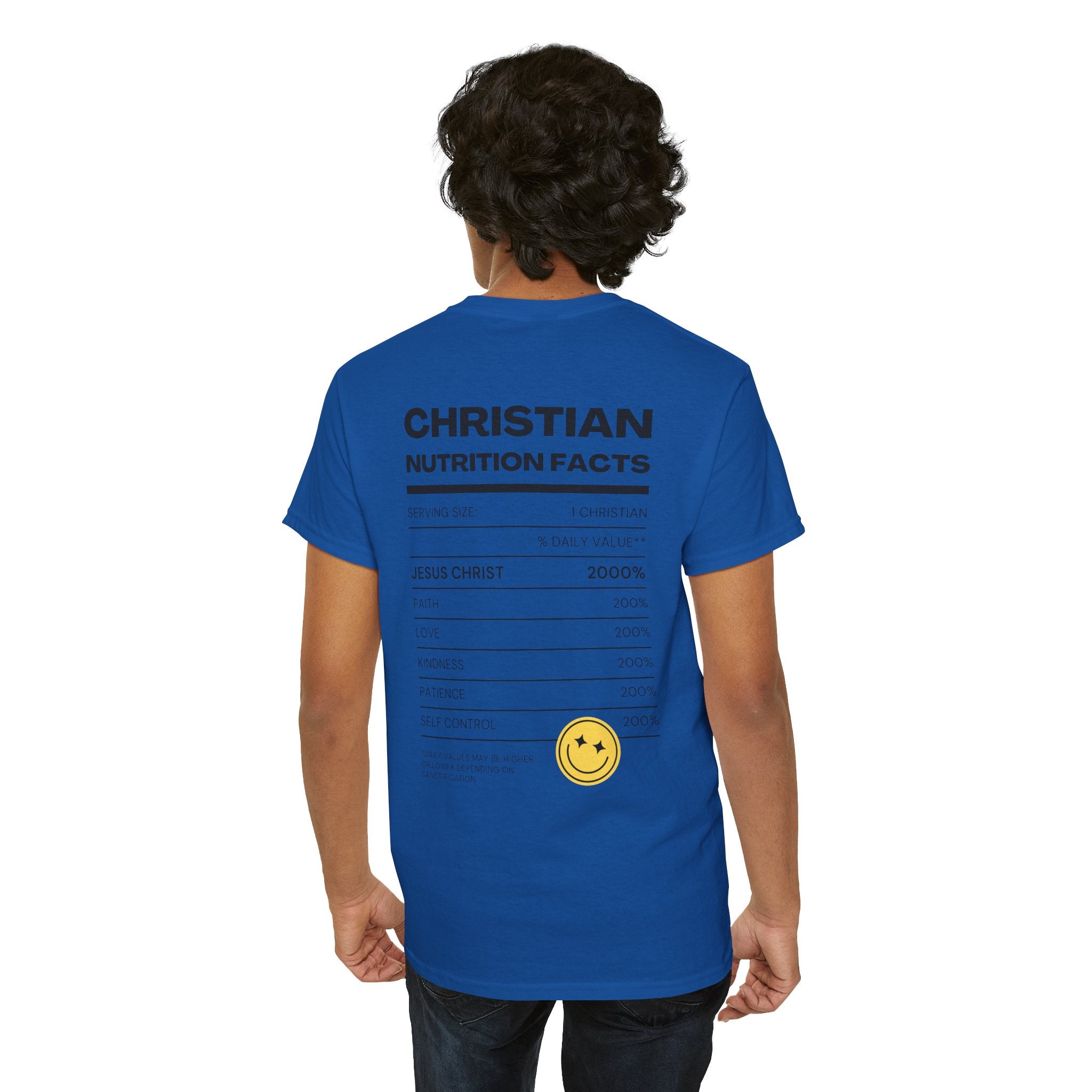 Christian Nutrition Facts Tee — Faith-Based Graphic T-Shirt with Cross & Nutrition Label Back