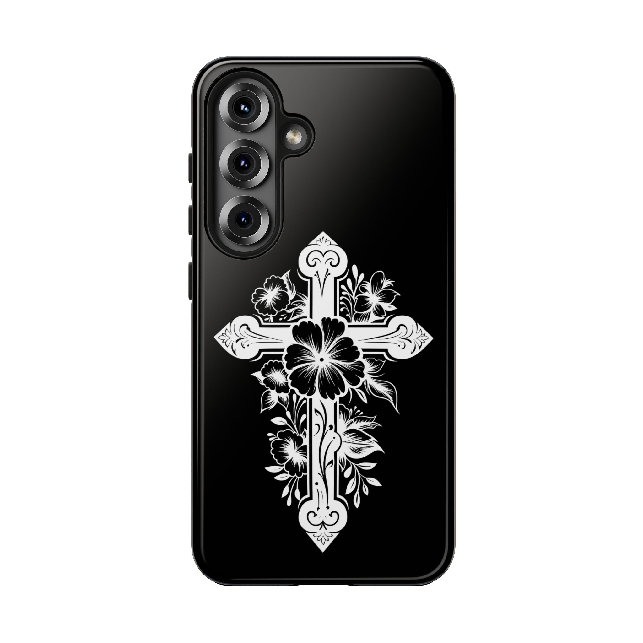Floral Cross Tough Phone Case — Black Protective Christian Phone Cover