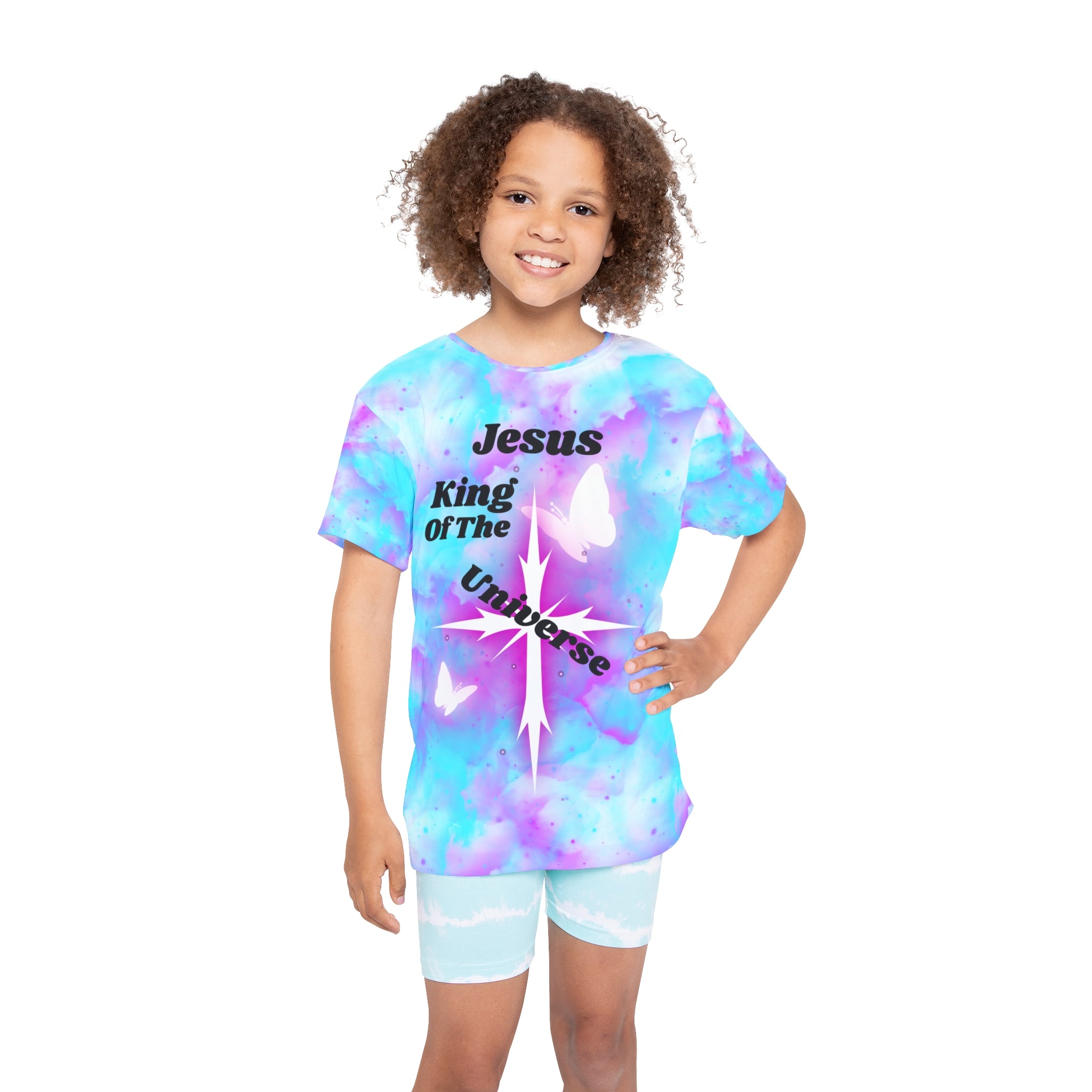 Kids Sky Graphic Tee — "Jesus King of the Universe" Pastel Christian Tee