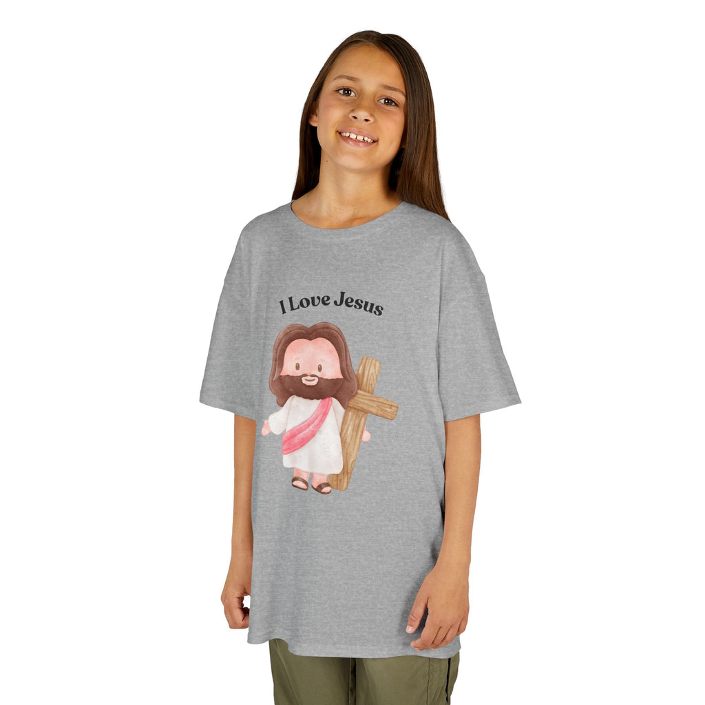 Kids T-Shirt — Cute "I Love Jesus" Cartoon Jesus Holding Cross — Christian Easter Gift for Children