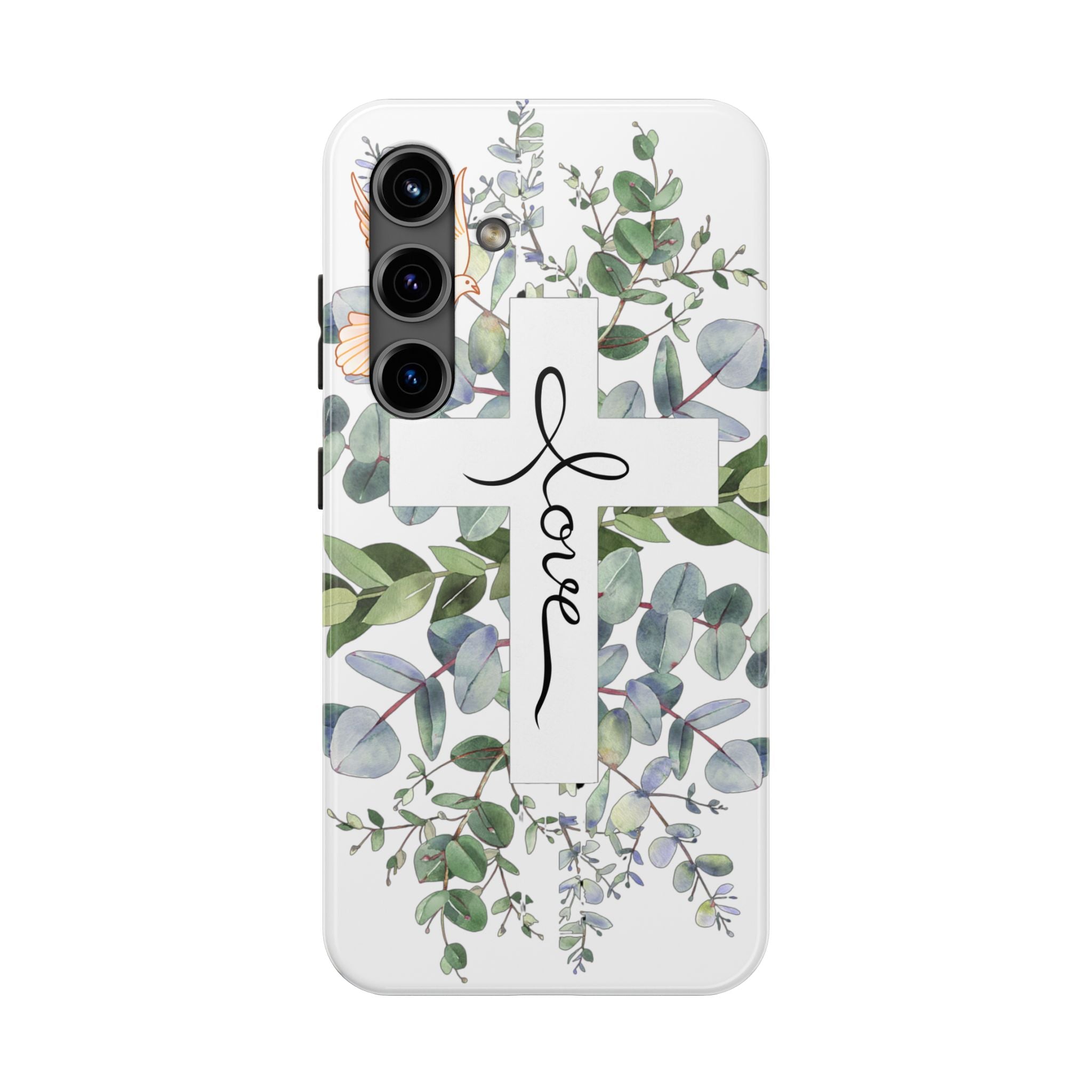 Religious Cross Tough Phone Case — Eucalyptus Floral "Love" Design