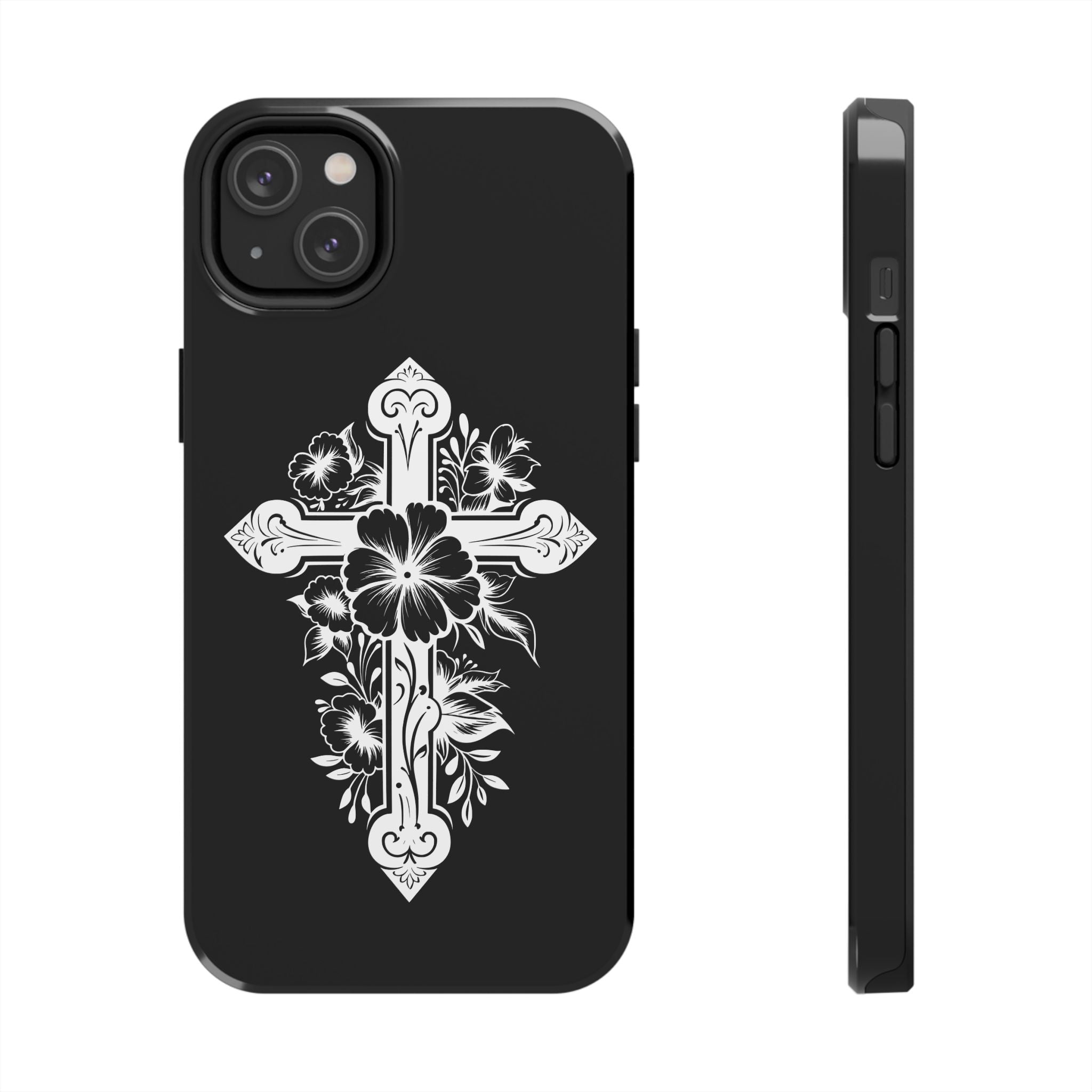 Floral Cross Tough Phone Case — Black Protective Christian Phone Cover