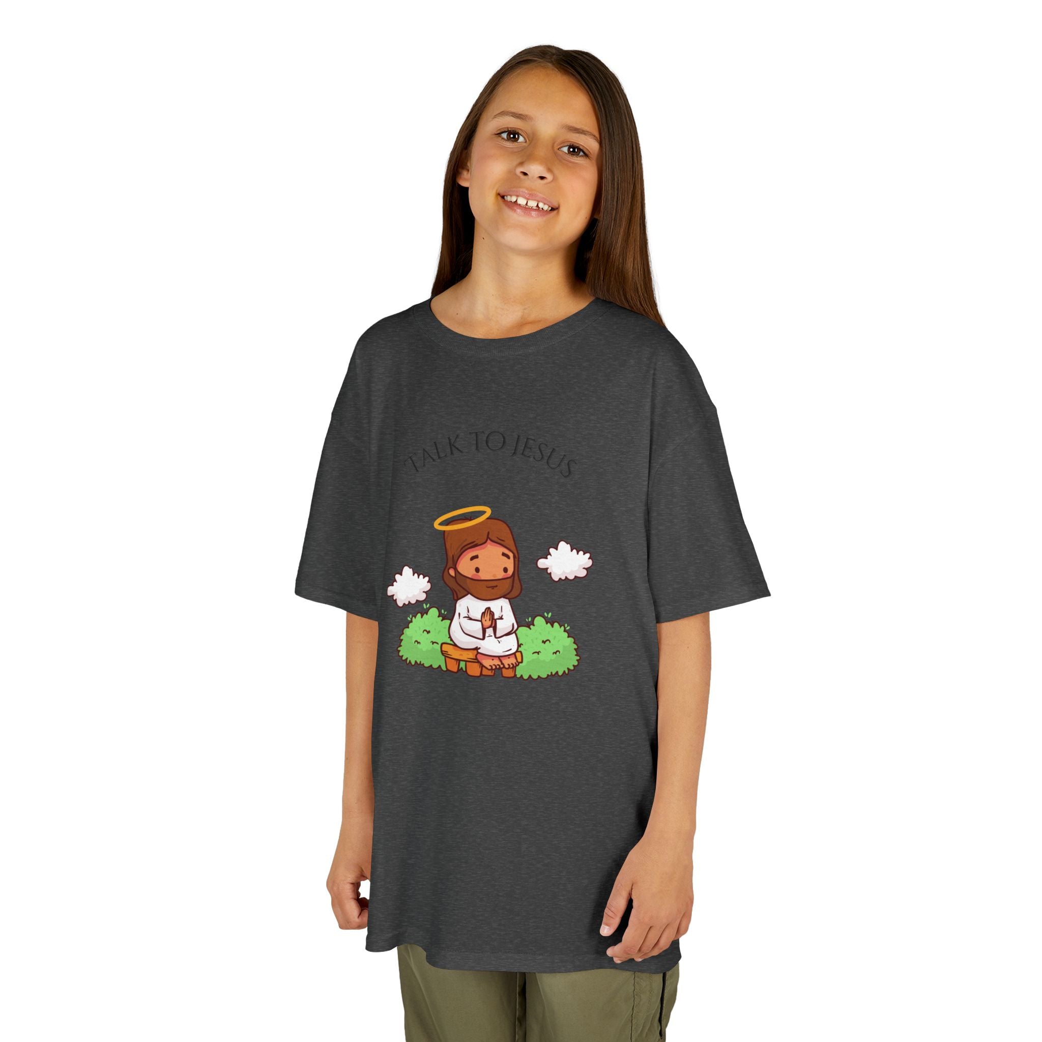 Kids Tee — Cute "Talk to Jesus" Cartoon Jesus Graphic Youth Faith Shirt