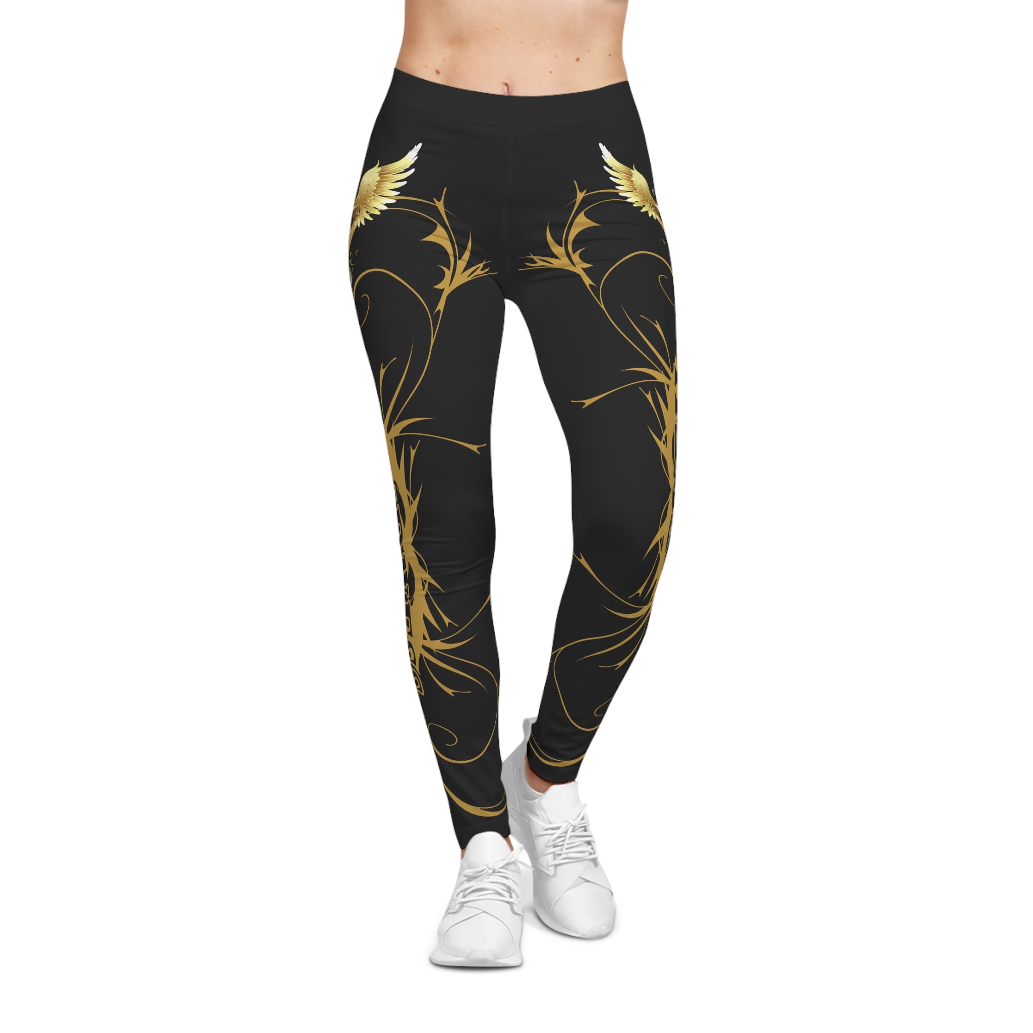 Women’s Winged Cross Leggings — Black & Gold Faith and Kindness Design
