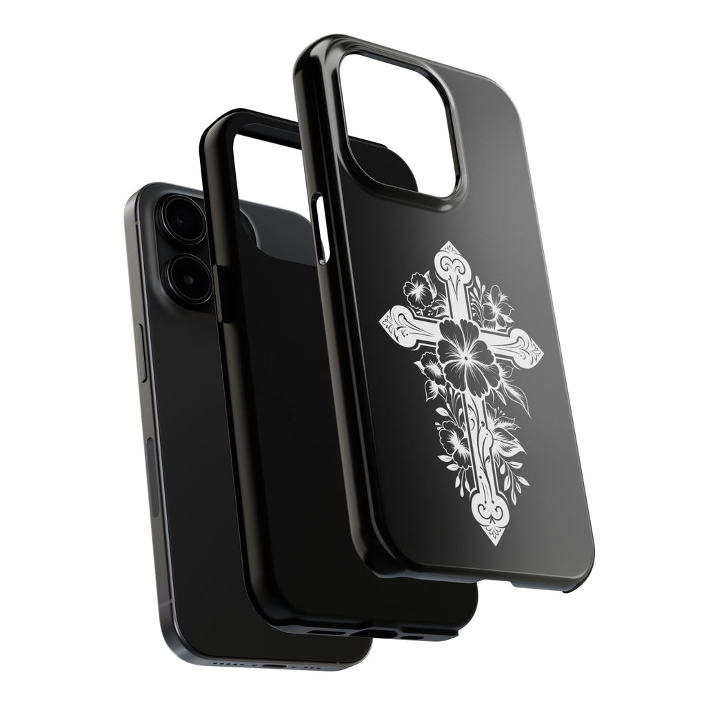 Floral Cross Tough Phone Case — Black Protective Christian Phone Cover