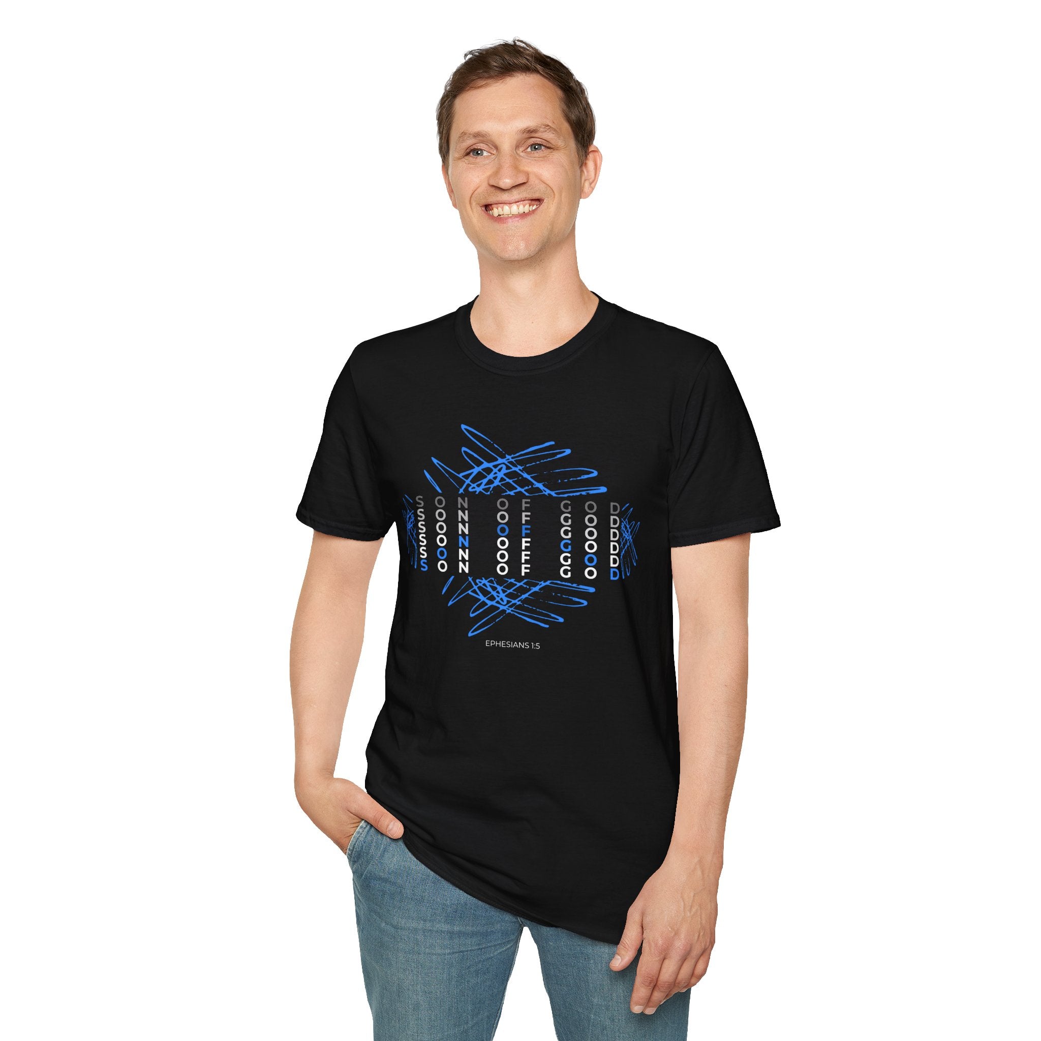 T-Shirt — Blue Scribble Cross "Son of God" Graphic Christian Tee