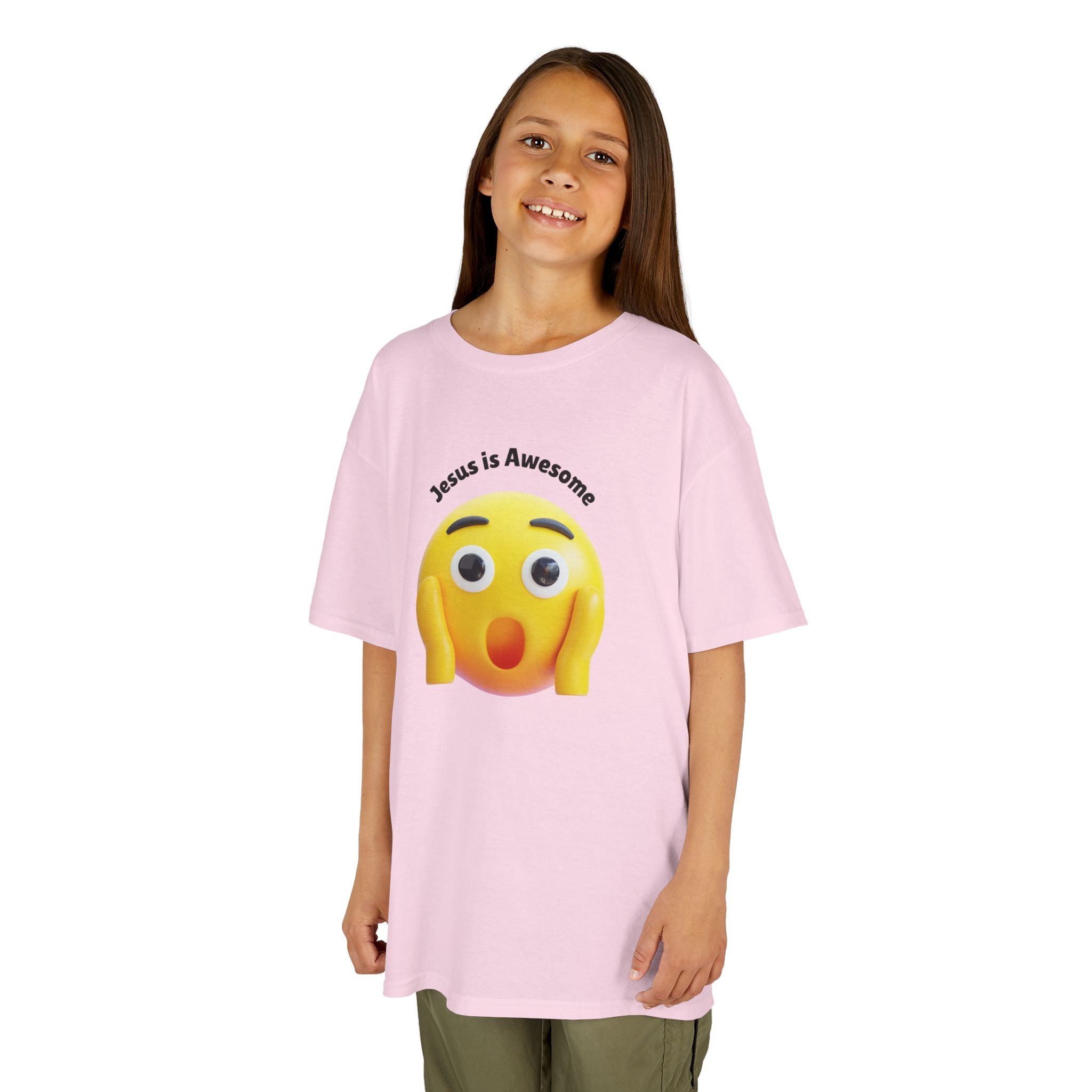 Kids T-Shirt — "Jesus Is Awesome" Surprised Emoji Graphic