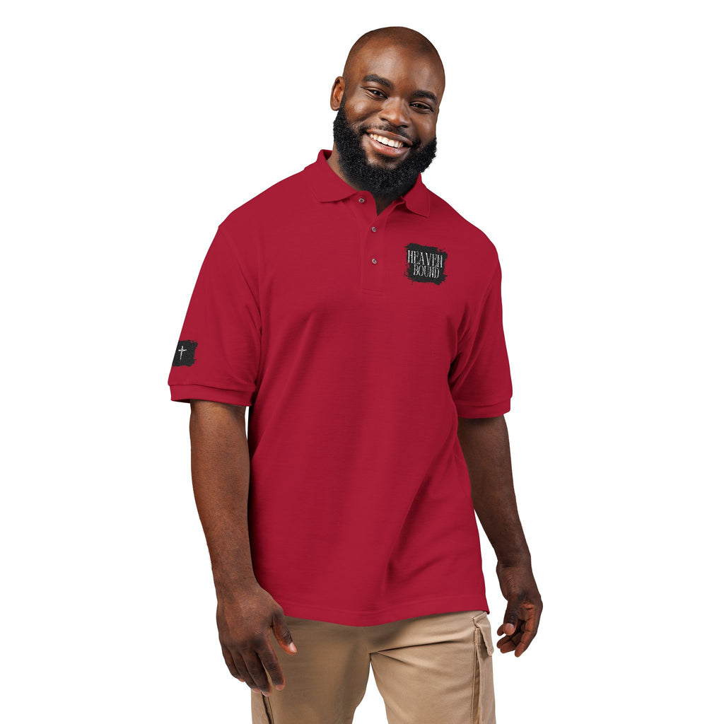 Embroidered Heaven Bound Patch Polo Shirt, Cross on Right Sleeve