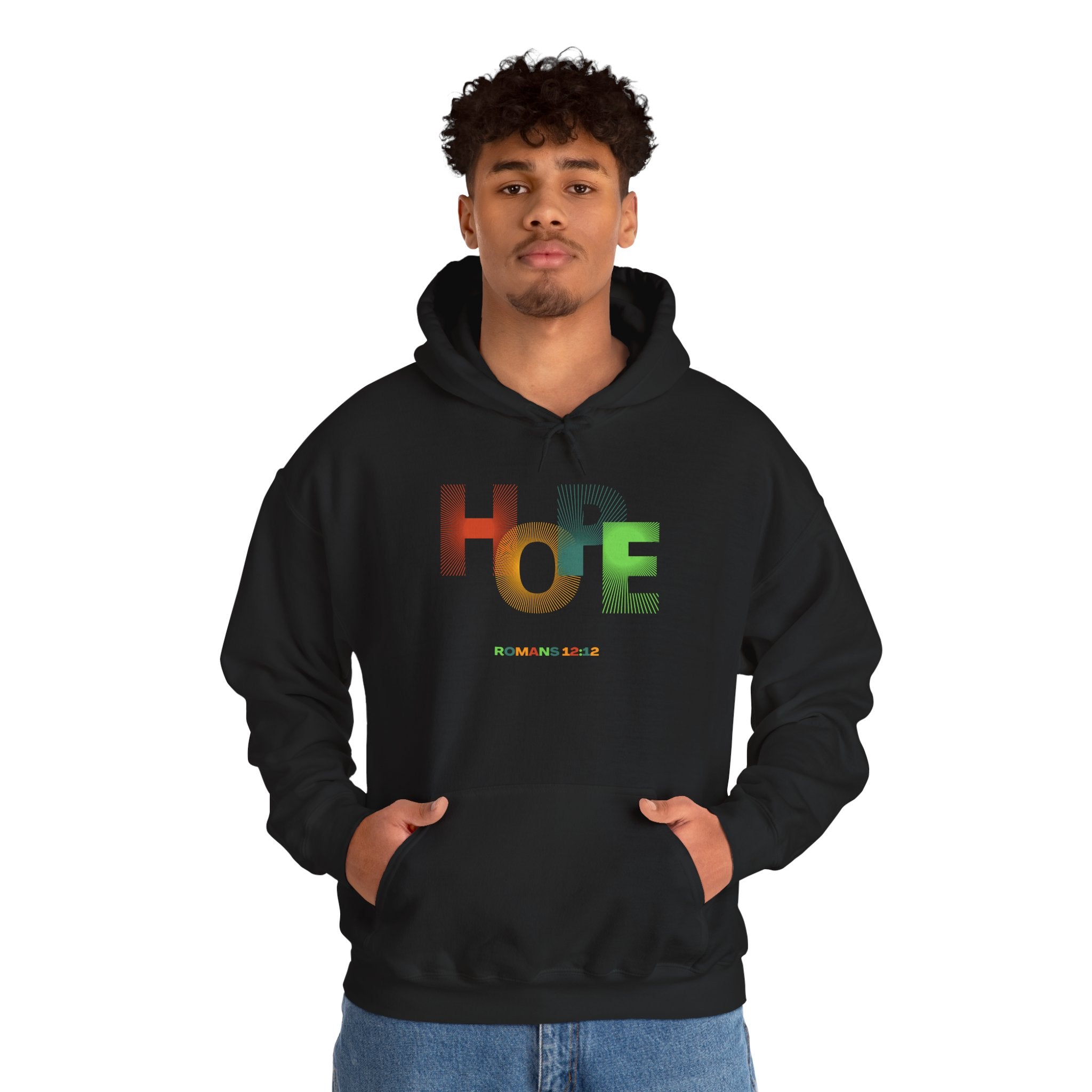 Hope Multicolored Hoodie — Colorful 'HOPE' Graphic Pullover Romans 12:12