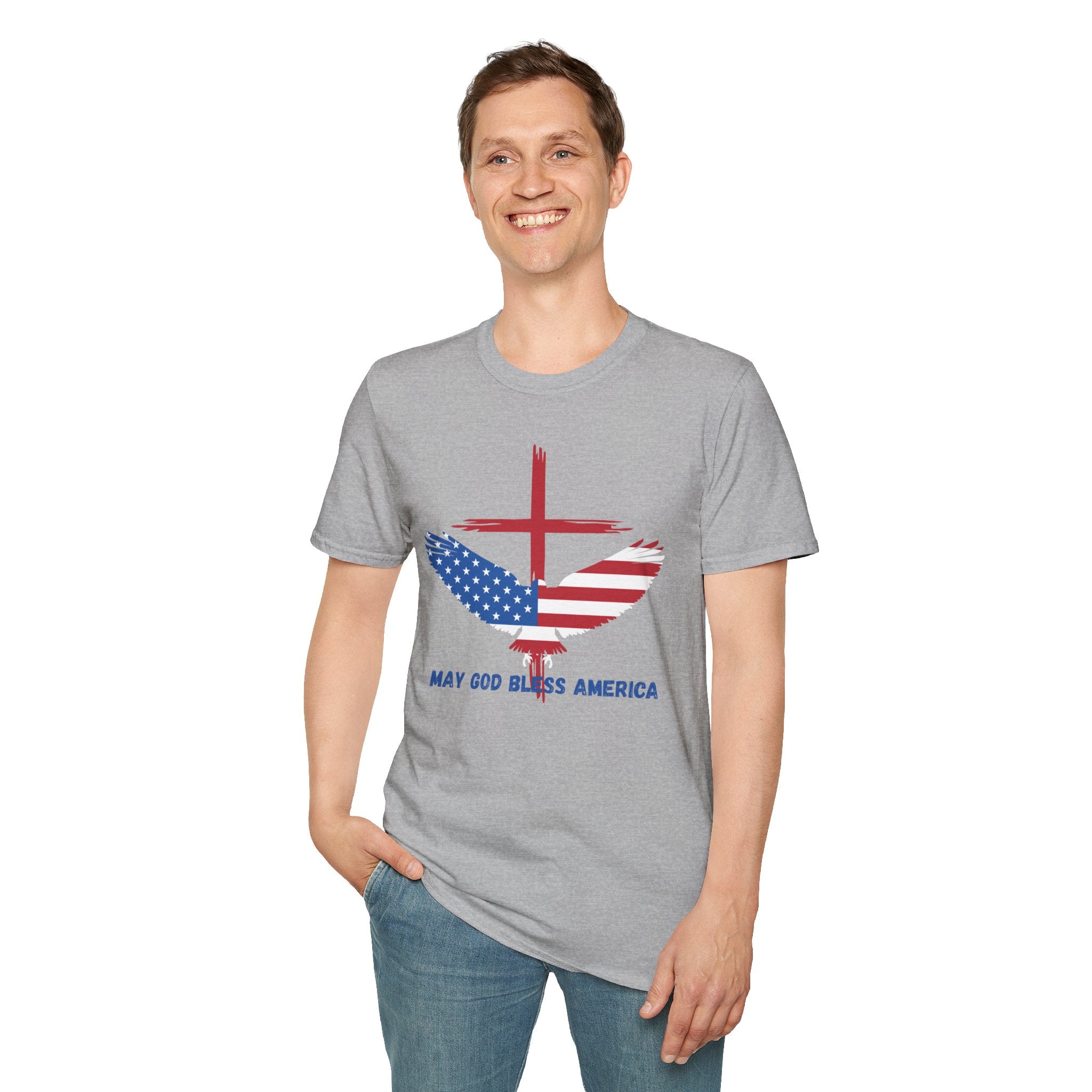 Patriotic Eagle T-Shirt — "May God Bless America" Flag Cross Graphic