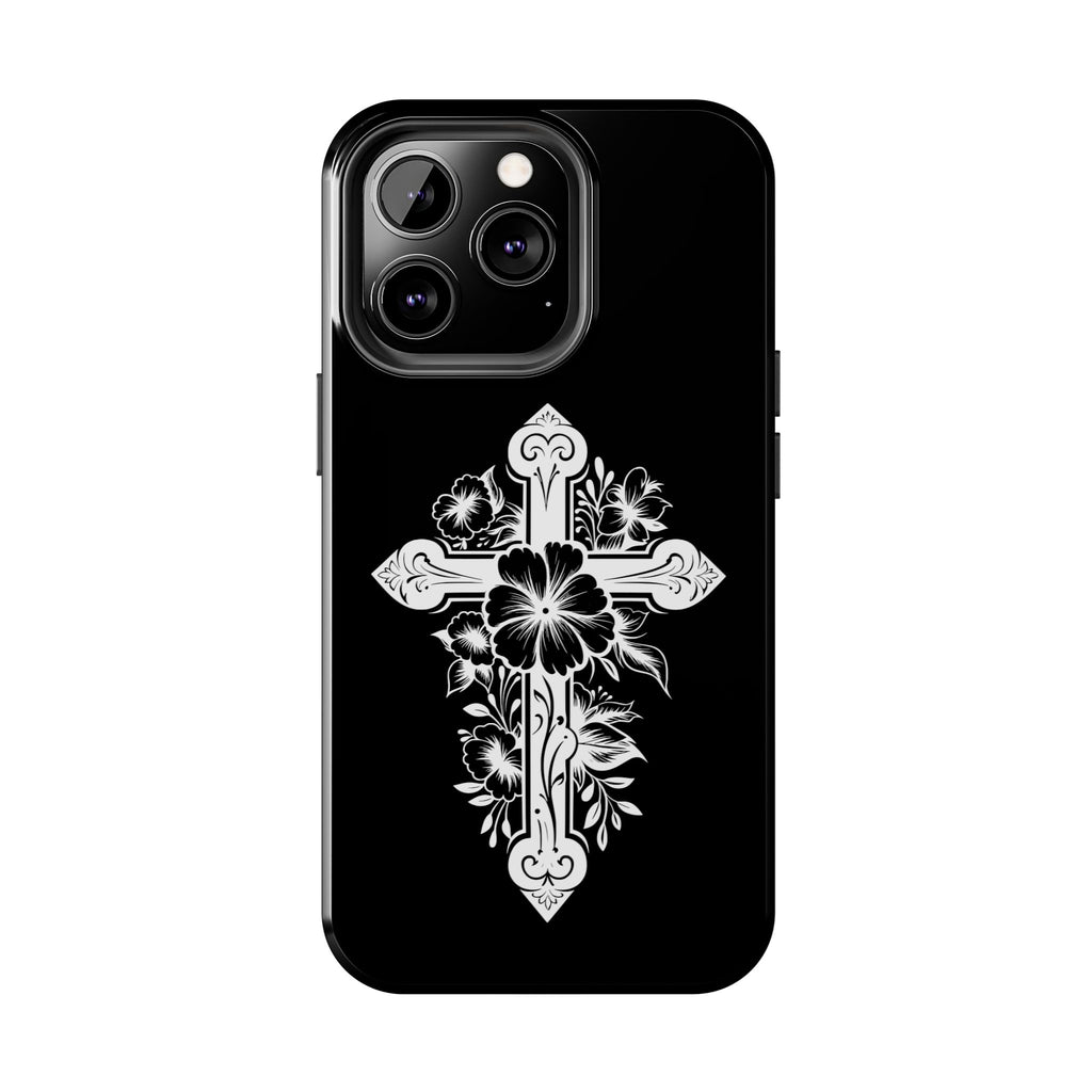 Floral Cross Tough Phone Case — Black Protective Christian Phone Cover