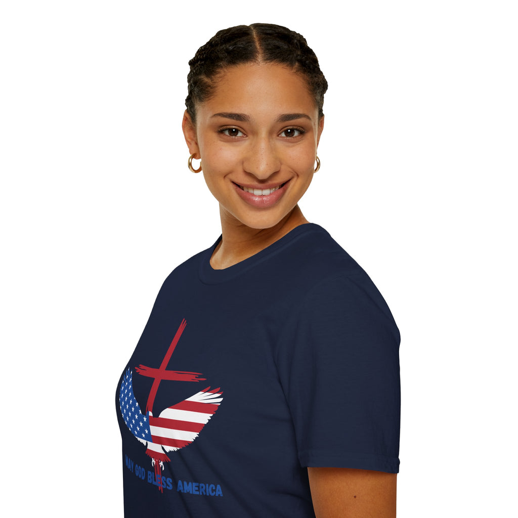 Patriotic Eagle T-Shirt — "May God Bless America" Flag Cross Graphic
