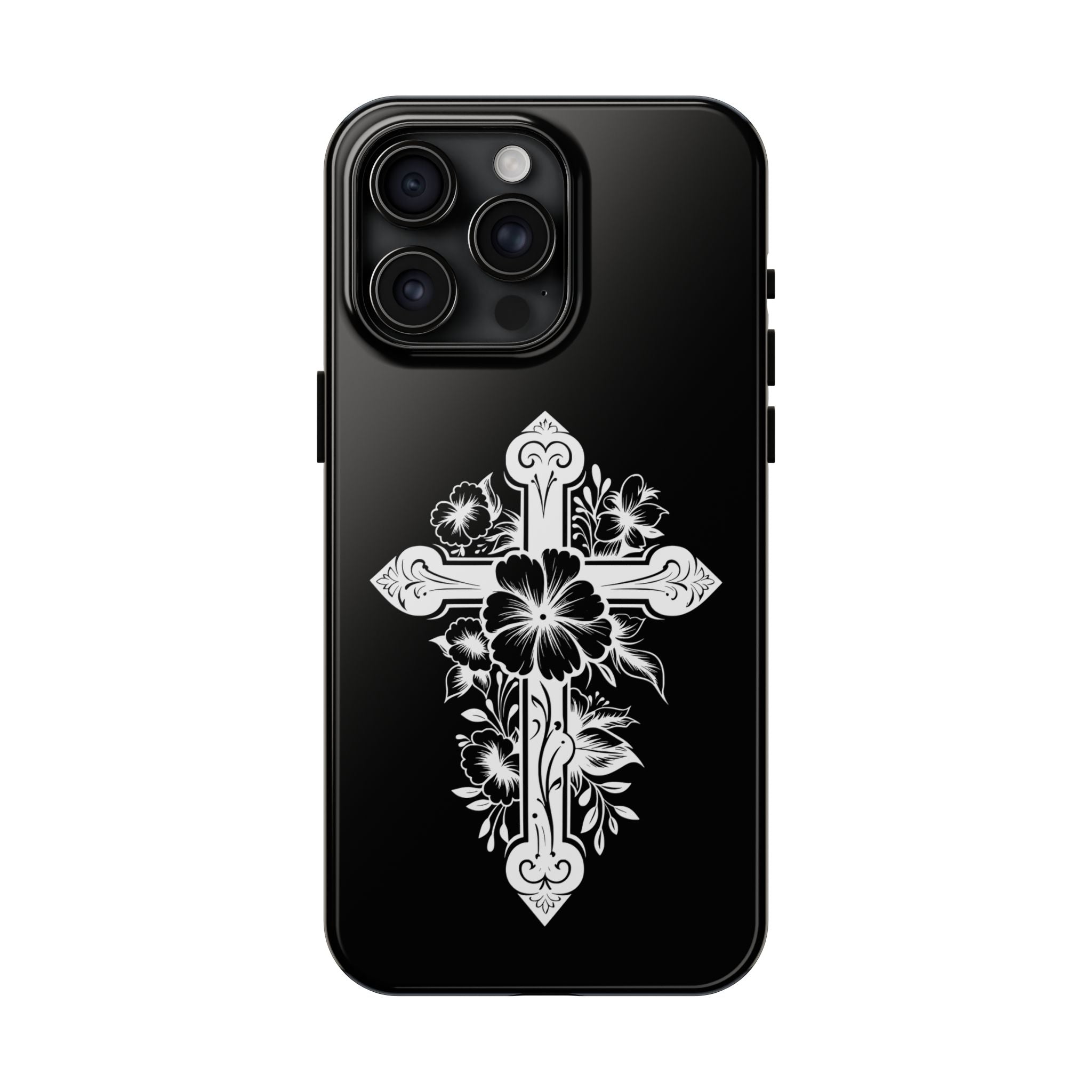 Floral Cross Tough Phone Case — Black Protective Christian Phone Cover