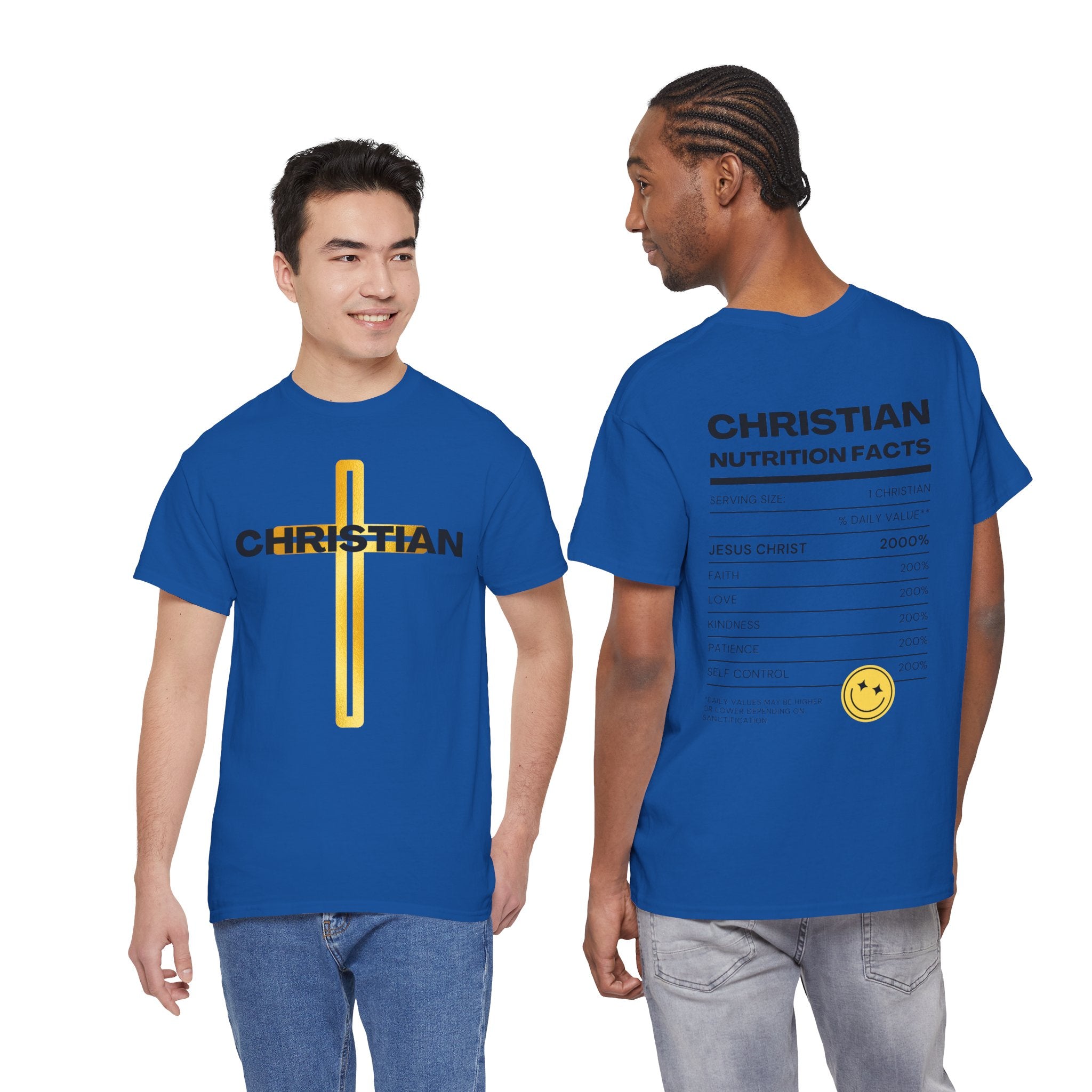 Christian Nutrition Facts Tee — Faith-Based Graphic T-Shirt with Cross & Nutrition Label Back