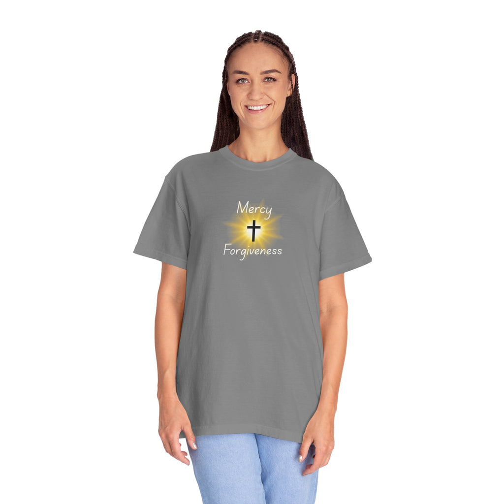 Christian Mercy & Forgiveness T-Shirt — Scripture Cross Back Design