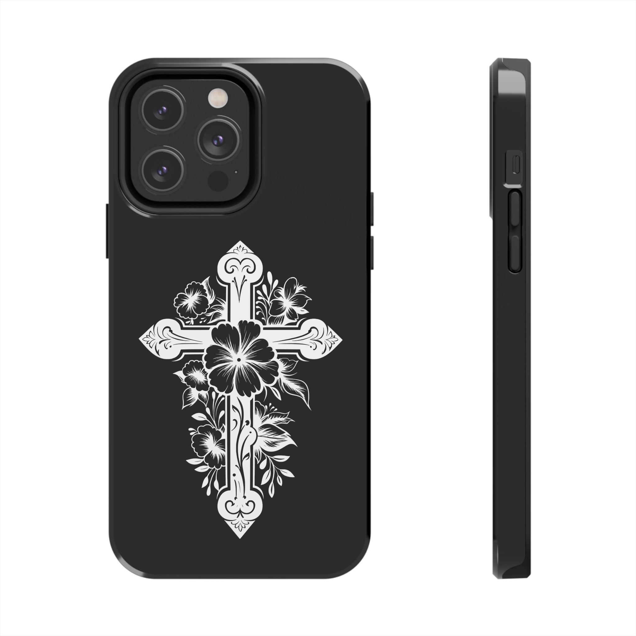 Floral Cross Tough Phone Case — Black Protective Christian Phone Cover