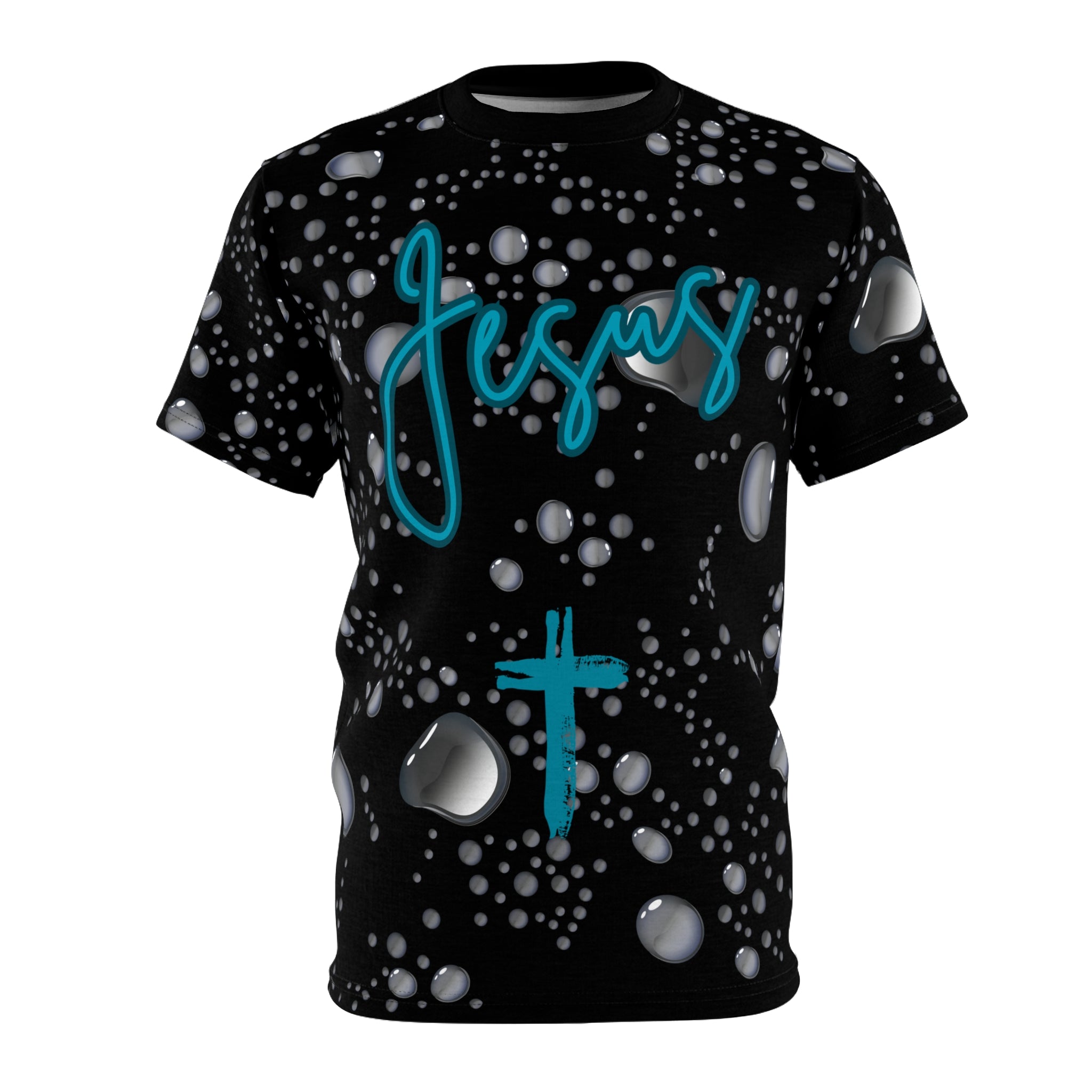 Jesus Script Cross Tee — Black Water Pattern Christian T-Shirt