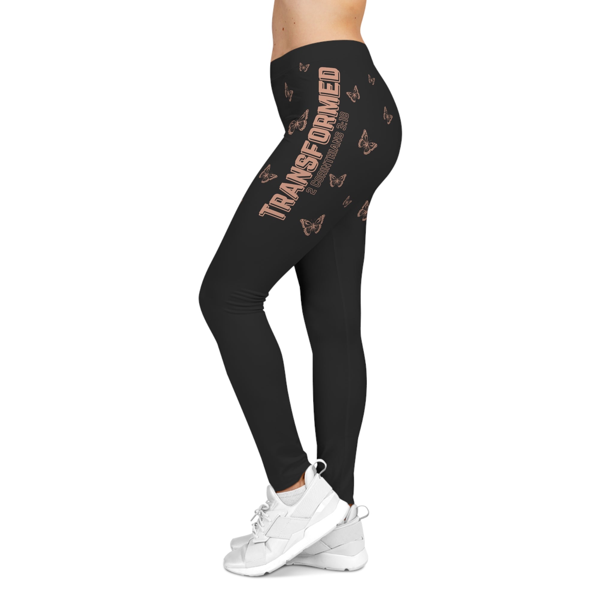 Transformed Casual Butterfly Leggings — 2 Chorinthians 3:18 Women's Black Casual All-Over Print
