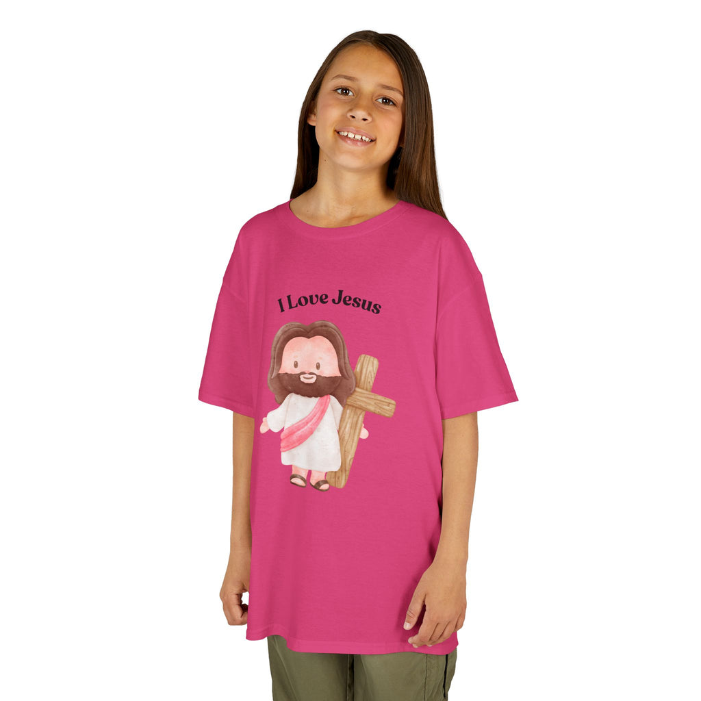 Kids T-Shirt — Cute "I Love Jesus" Cartoon Jesus Holding Cross — Christian Easter Gift for Children