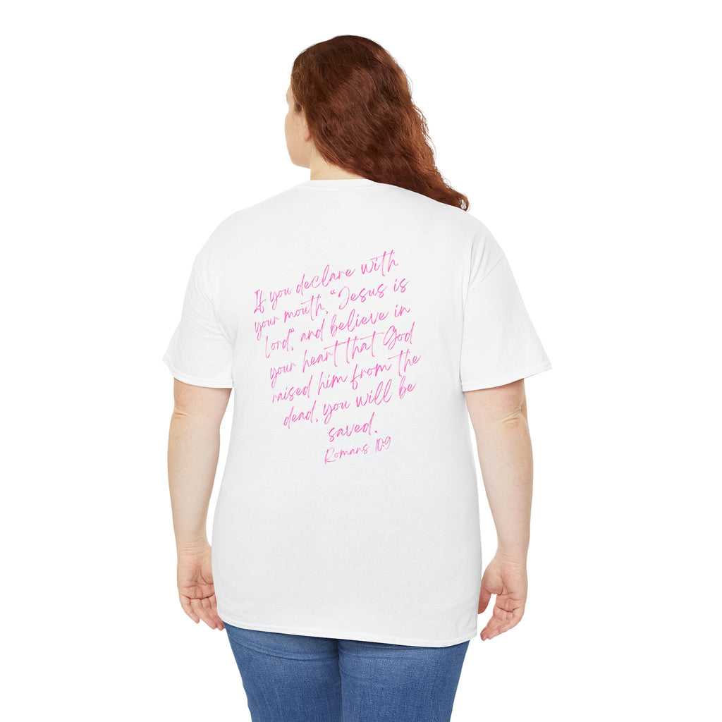 Saved T‑Shirt — Pink Script Faith Tee with Inspiring Back Verse