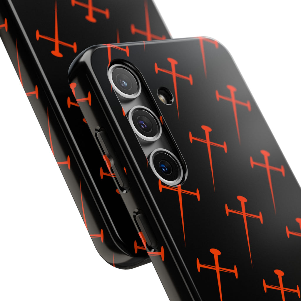 Black Tough Phone Case with Orange Nail Cross Pattern