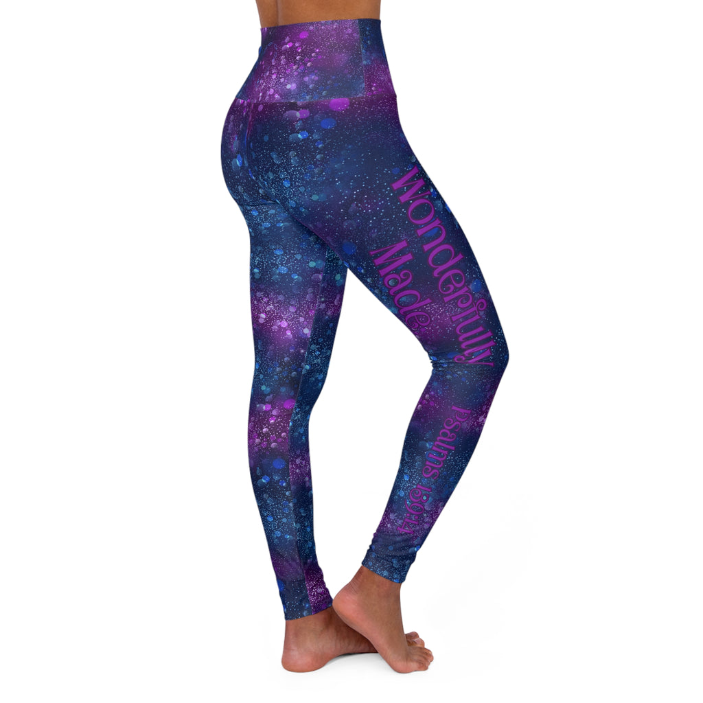Galaxy High-Waist Christian Leggings — Purple Blue Starry Print Fearfully Wonderfully Made (Psalms 139:14)