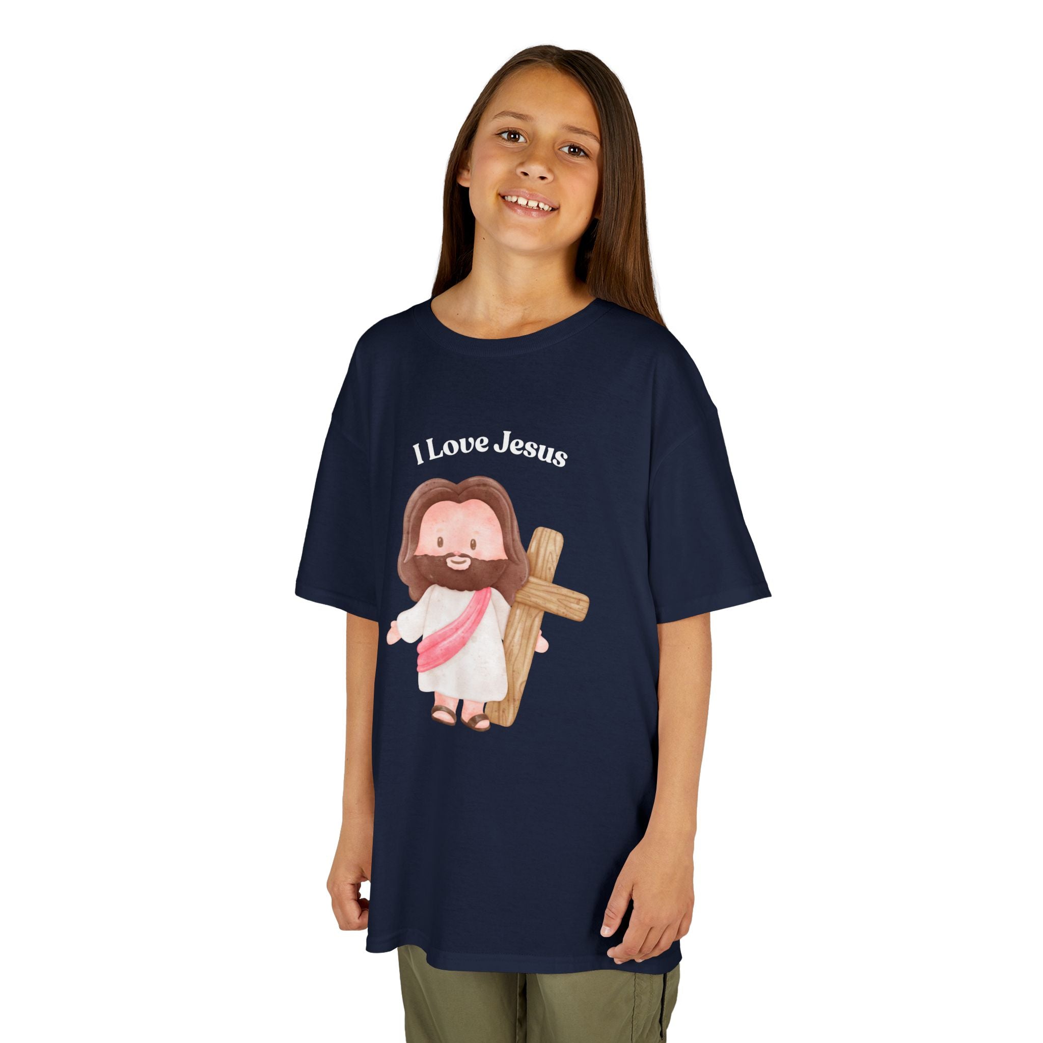 Kids T-Shirt — Cute "I Love Jesus" Cartoon Jesus Holding Cross — Christian Easter Gift for Children