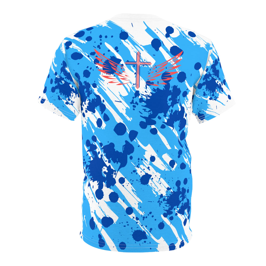 Jesus is My Vibe Splash Graphic Tee — Blue All-Over Print Christian Shirt