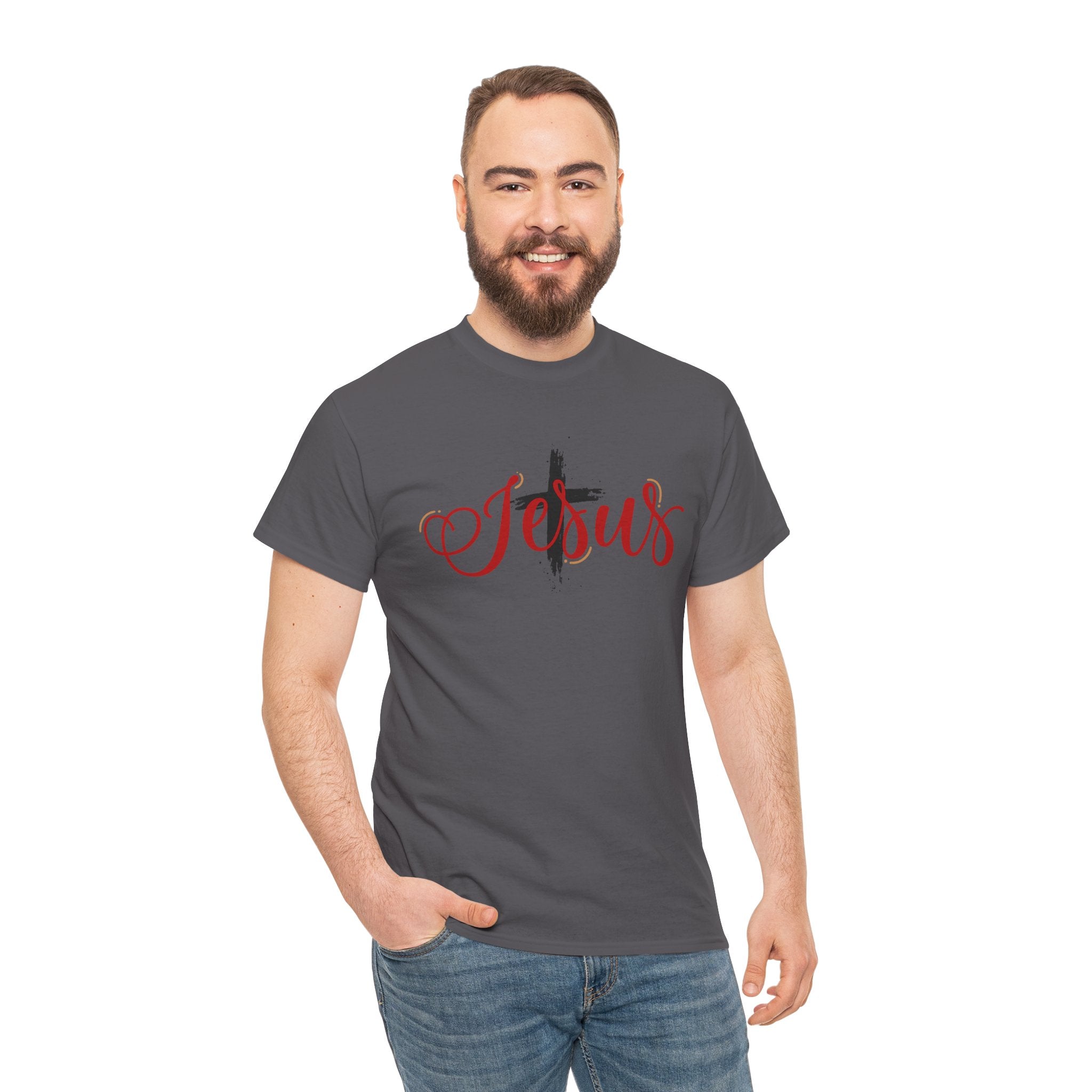 Jesus Cross T-Shirt — Red Brushstroke Faith Tee with Scripture Back (John 14:6)