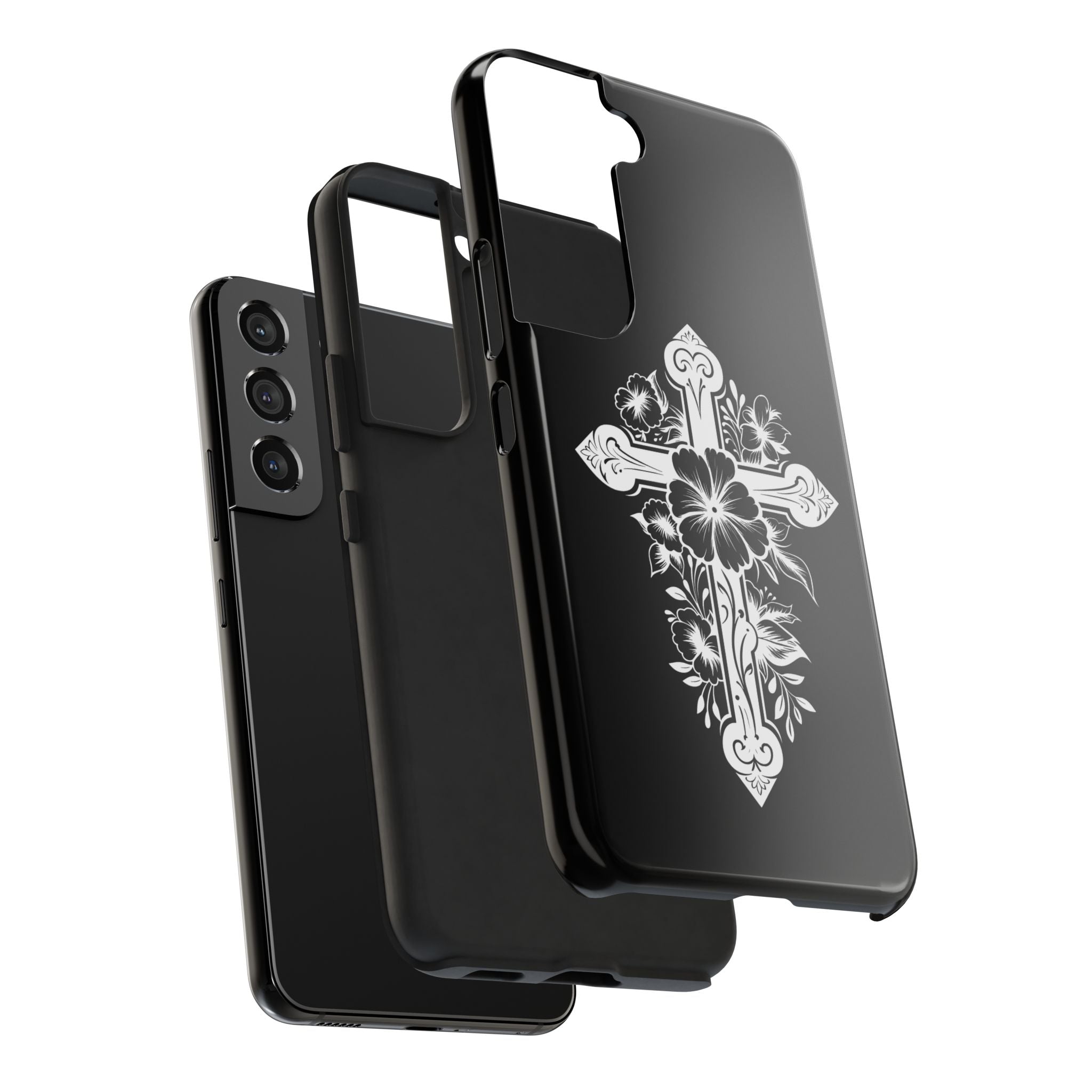 Floral Cross Tough Phone Case — Black Protective Christian Phone Cover