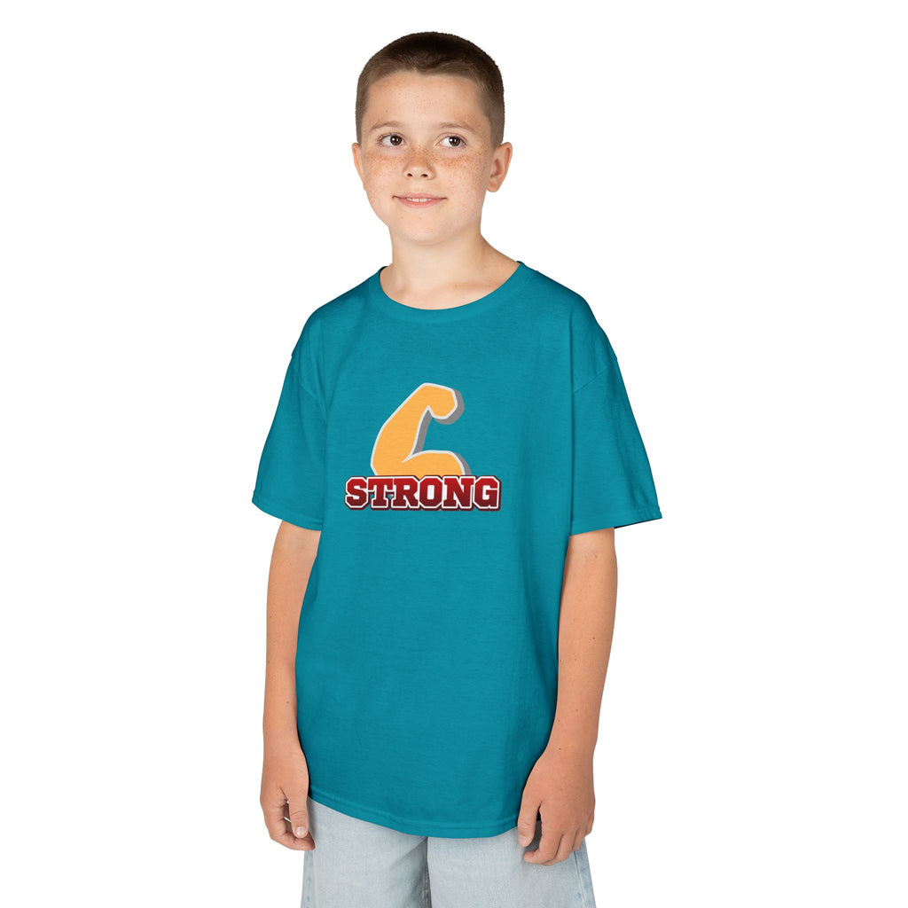 Kids Tee — "Strong" Muscle Graphic with Philippians 4:13 Back (Christian Inspirational)
