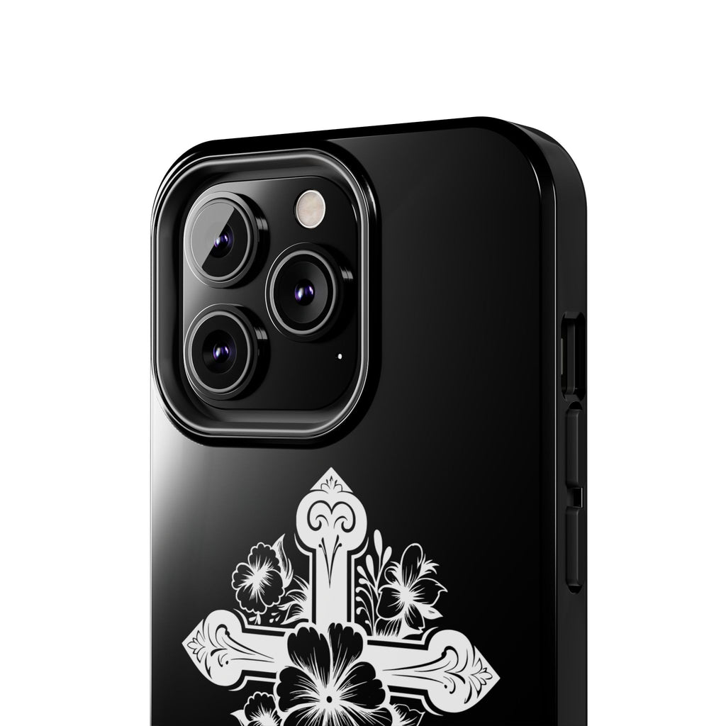 Floral Cross Tough Phone Case — Black Protective Christian Phone Cover