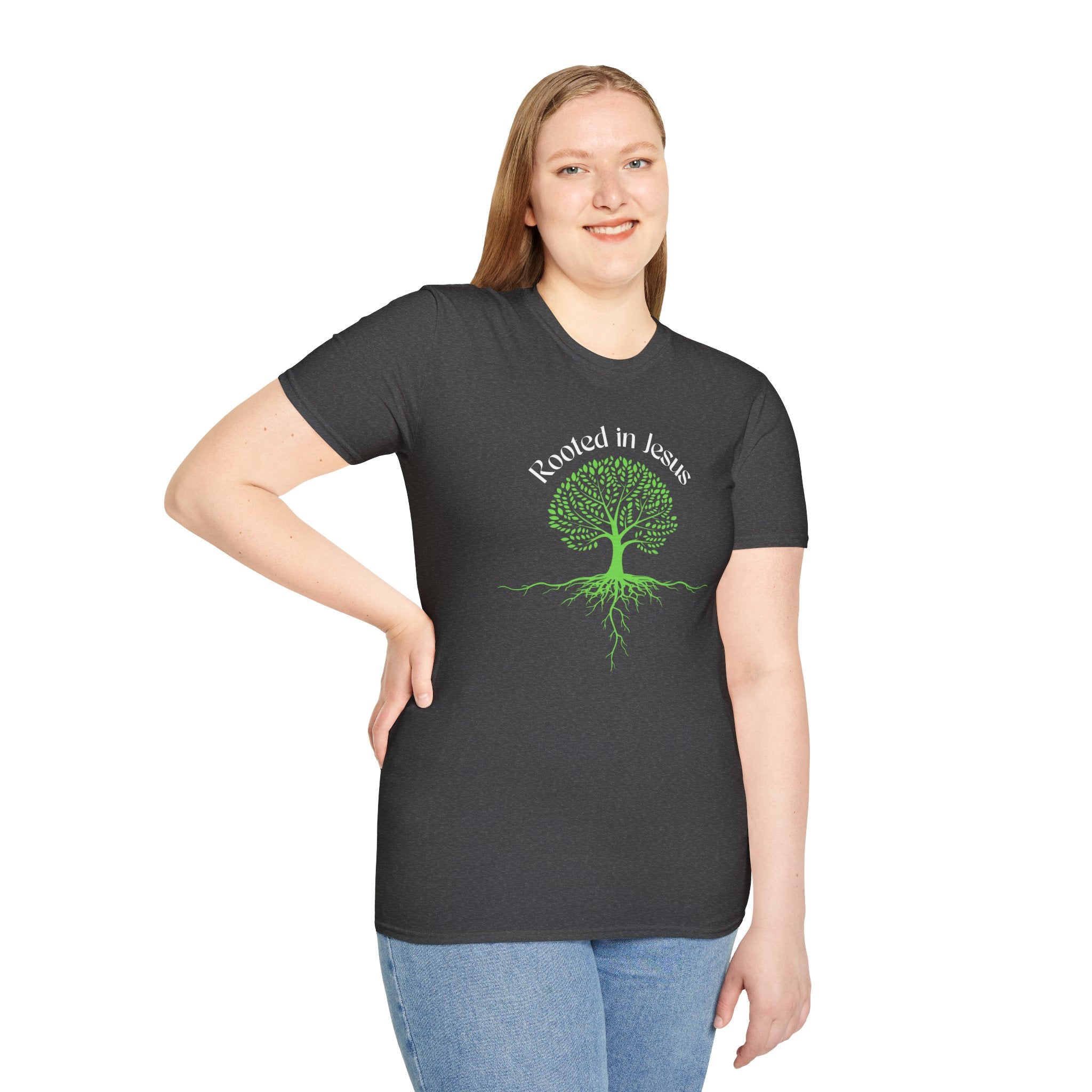 T-Shirt — "Rooted in Jesus" Tree Graphic Christian Faith Tee