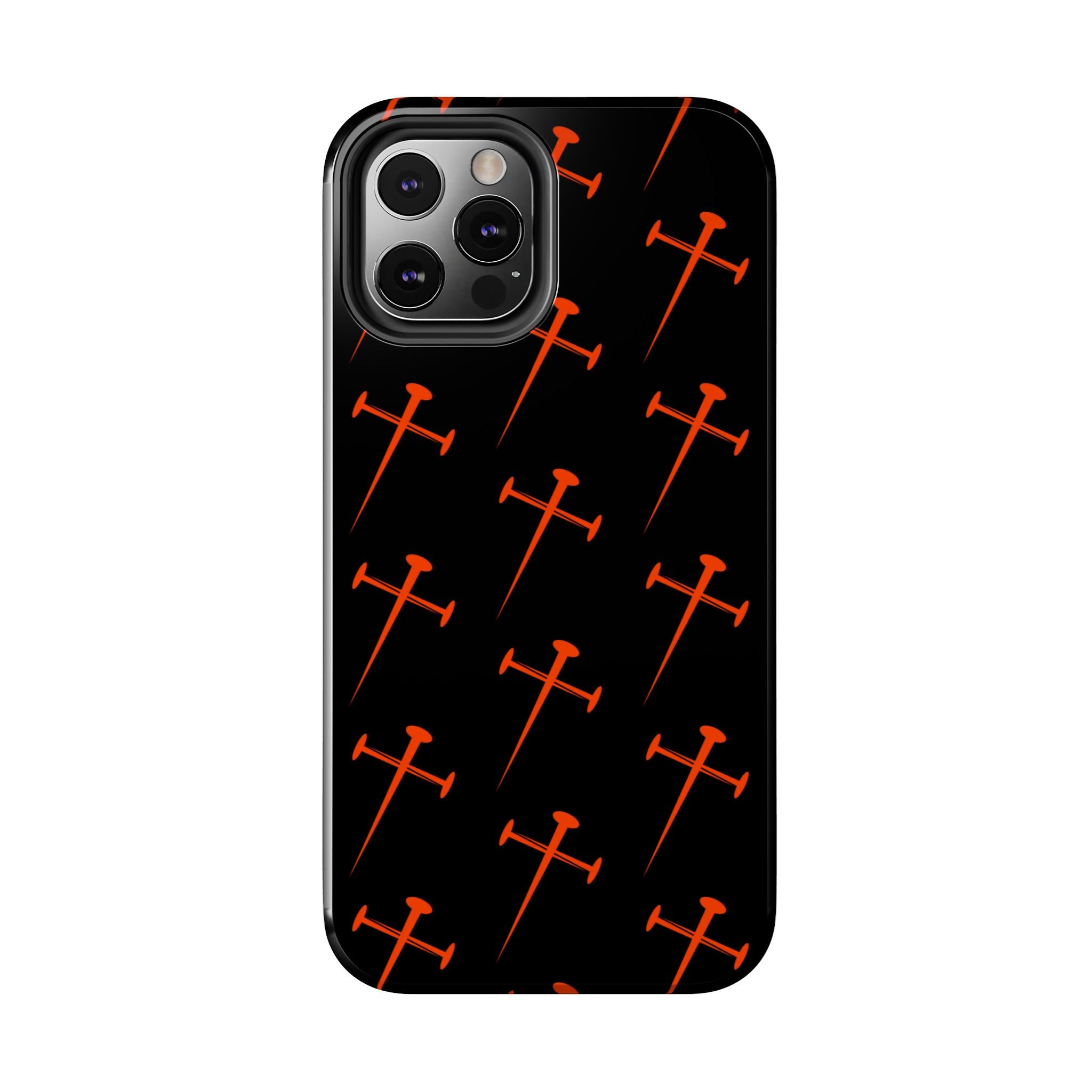 Black Tough Phone Case with Orange Nail Cross Pattern