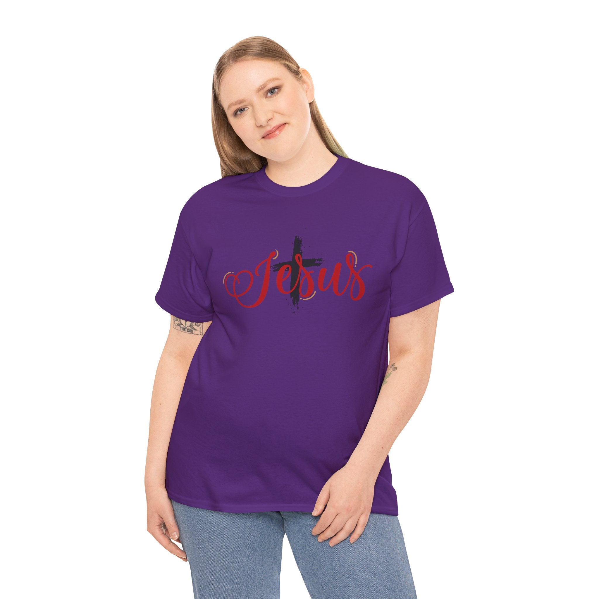 Jesus Cross T-Shirt — Red Brushstroke Faith Tee with Scripture Back (John 14:6)