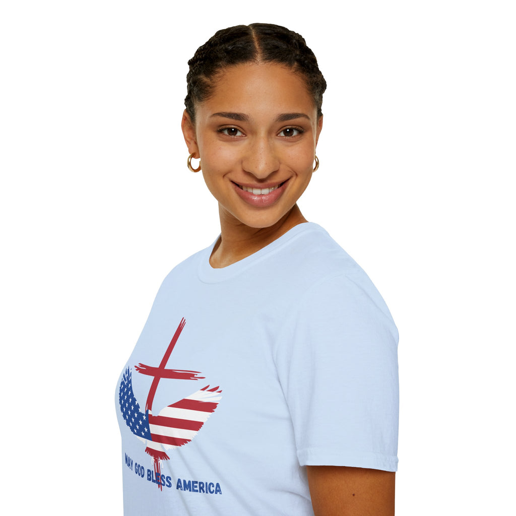 Patriotic Eagle T-Shirt — "May God Bless America" Flag Cross Graphic