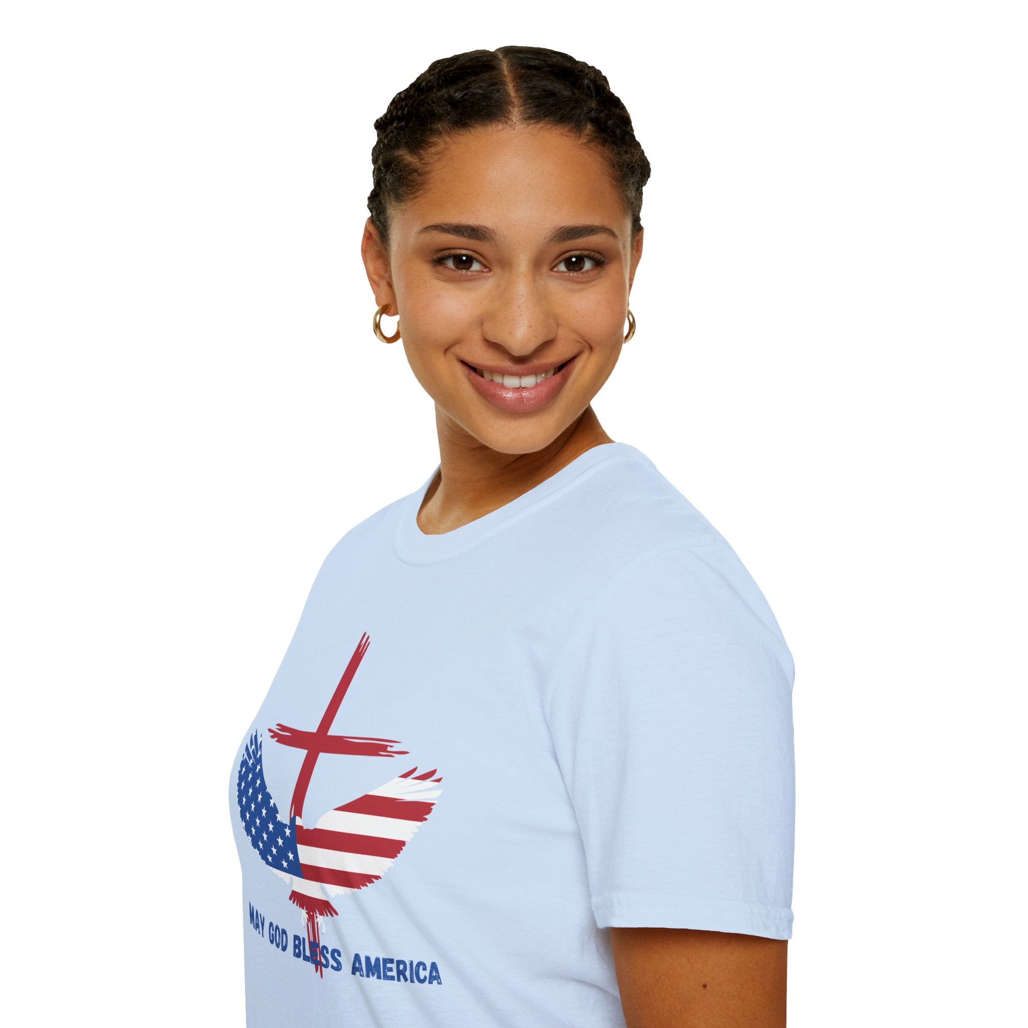 Patriotic Eagle T-Shirt — "May God Bless America" Flag Cross Graphic