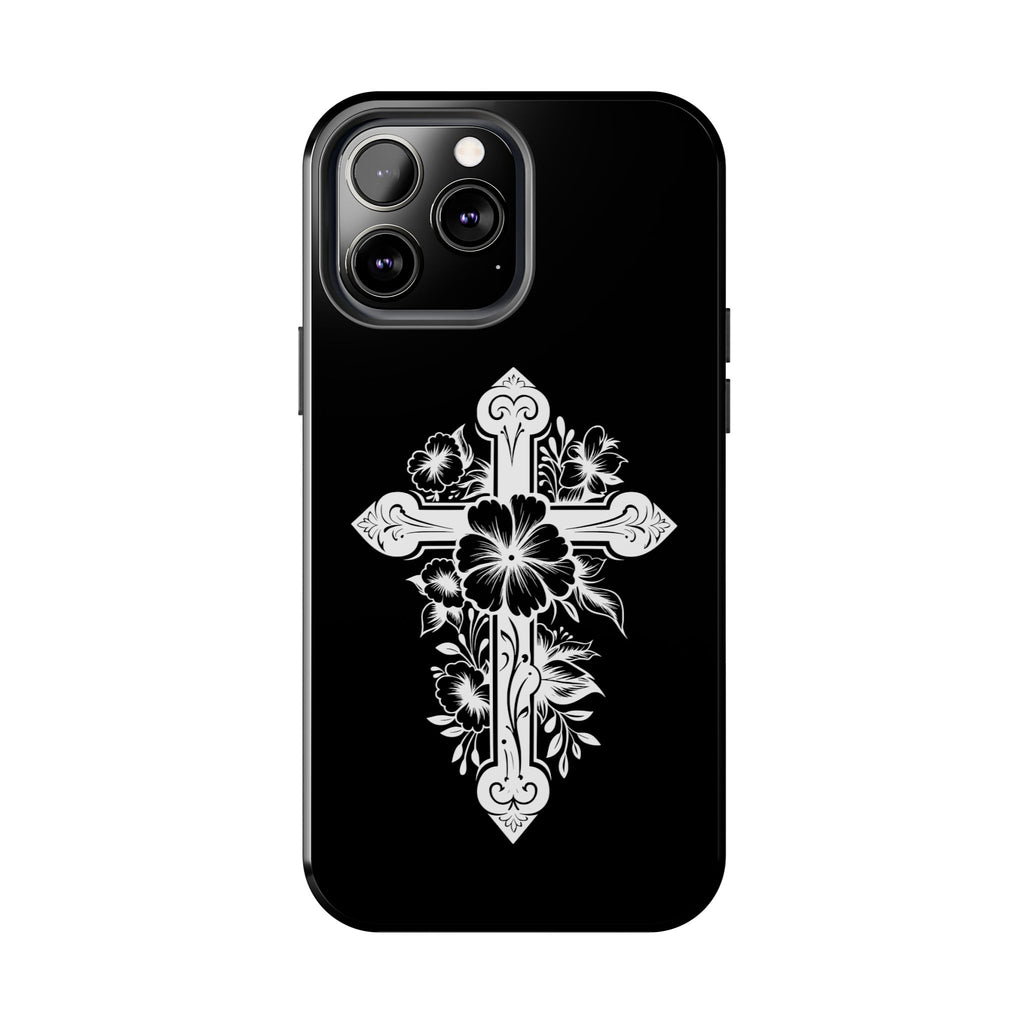 Floral Cross Tough Phone Case — Black Protective Christian Phone Cover