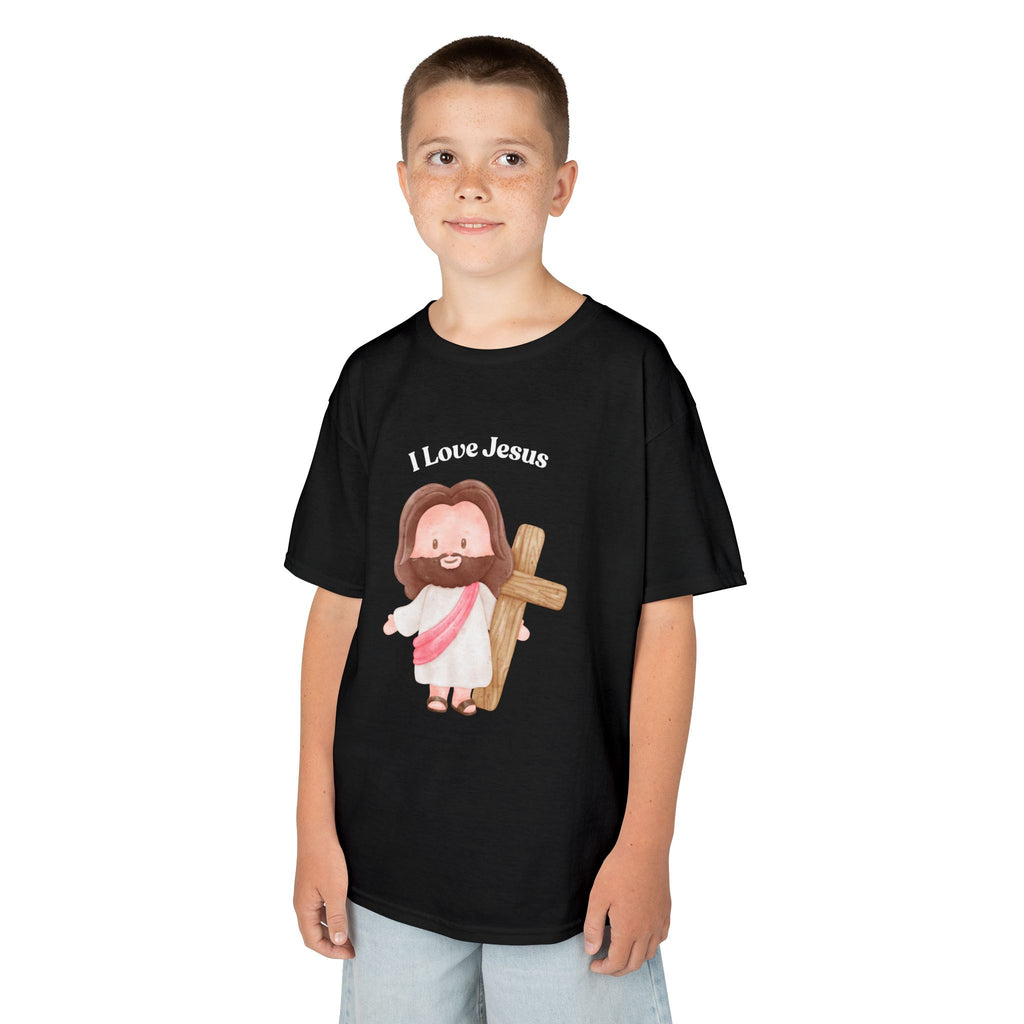 Kids T-Shirt — Cute "I Love Jesus" Cartoon Jesus Holding Cross — Christian Easter Gift for Children