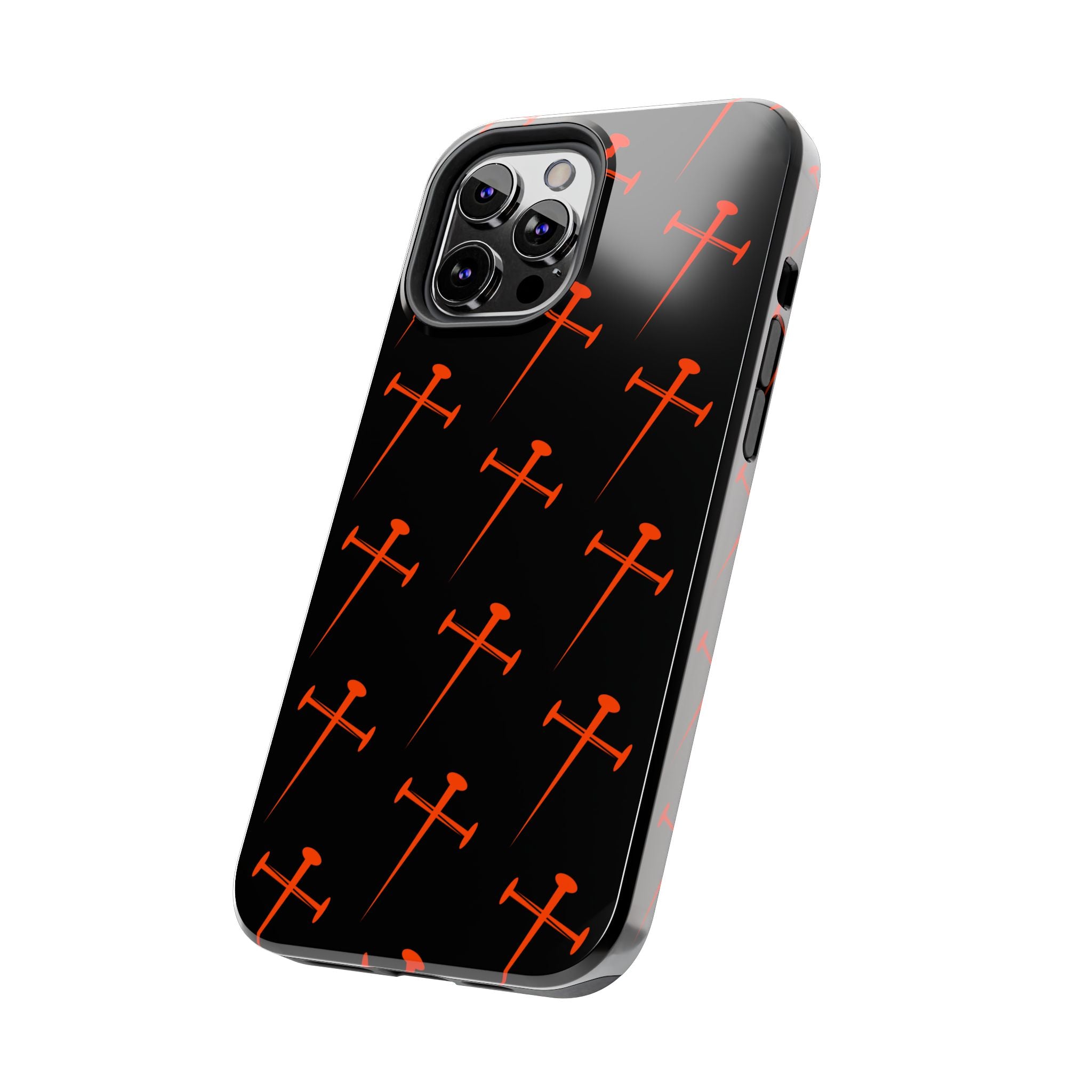 Black Tough Phone Case with Orange Nail Cross Pattern