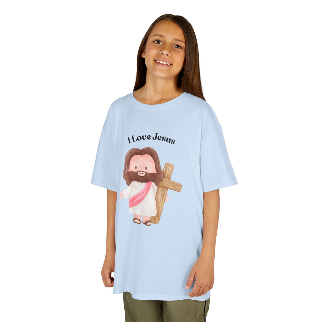 Kids T-Shirt — Cute "I Love Jesus" Cartoon Jesus Holding Cross — Christian Easter Gift for Children
