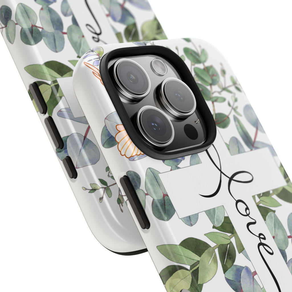 Religious Cross Tough Phone Case — Eucalyptus Floral "Love" Design