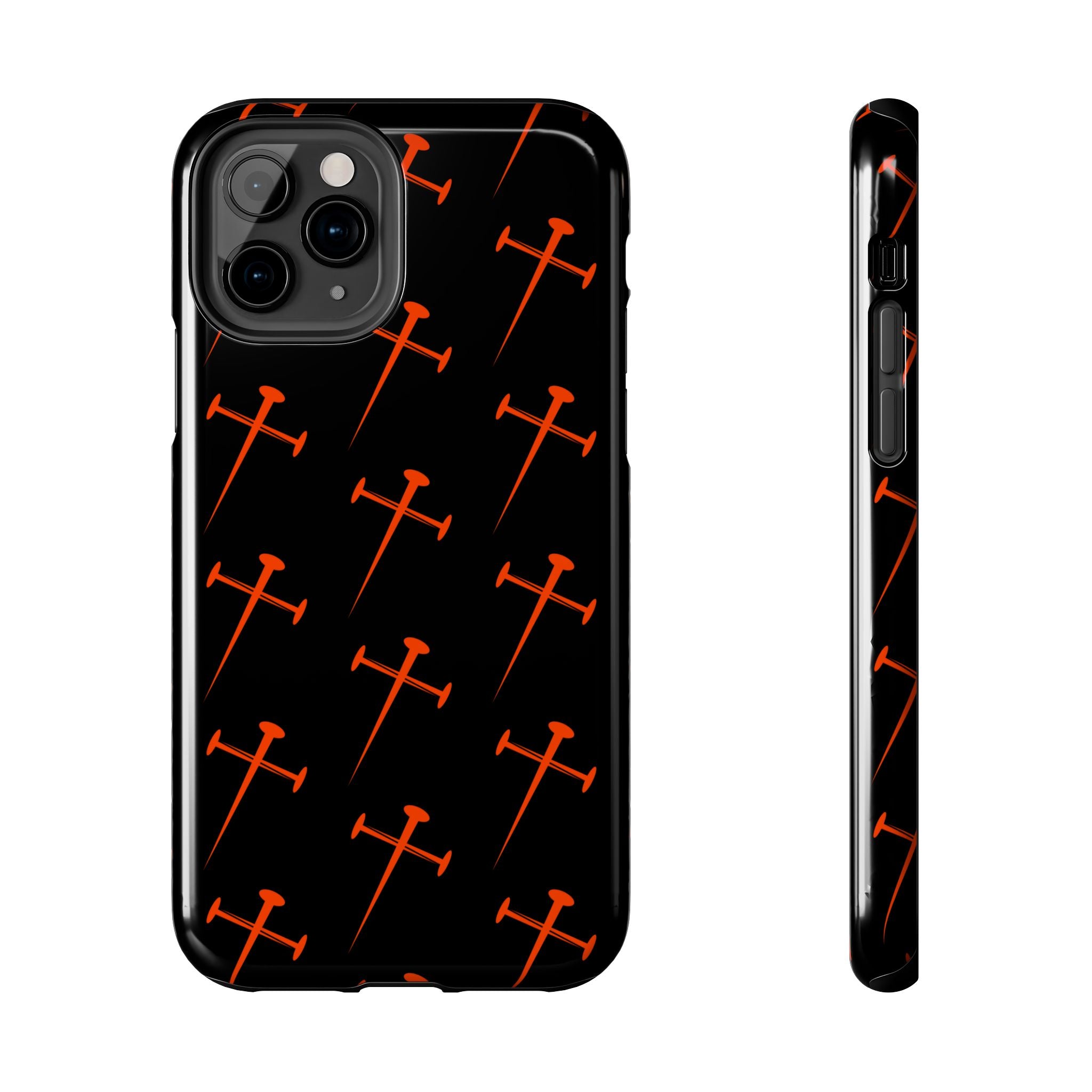 Black Tough Phone Case with Orange Nail Cross Pattern
